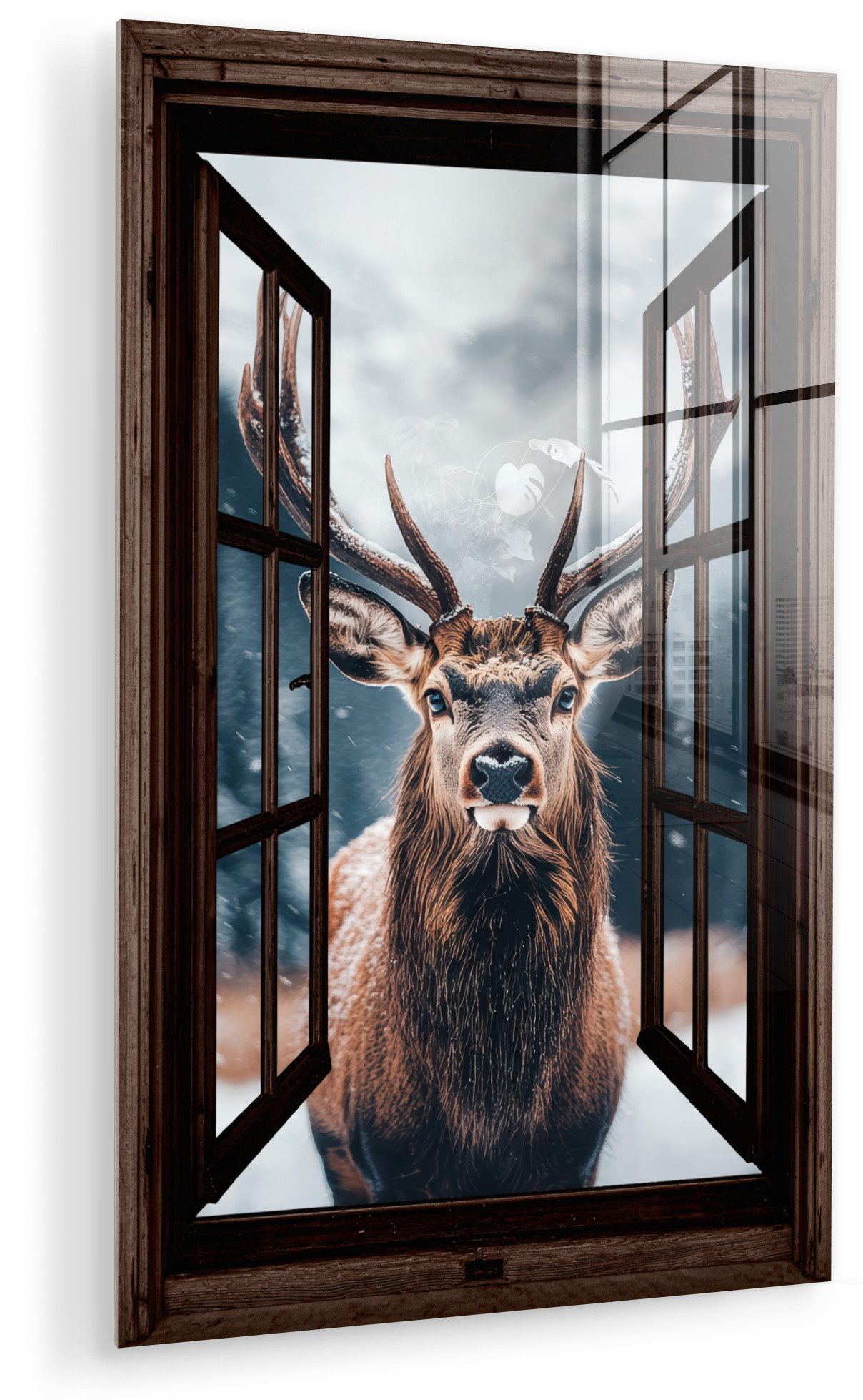 MuchoWow Acrylglasbild Fenster - Hirsche - Tiere - Landschaft - Winter - Schnee, Inkl. Aufhängung, Dekorative Bild für Küche & Wohnzimmer auf Glas, 20x30 cm