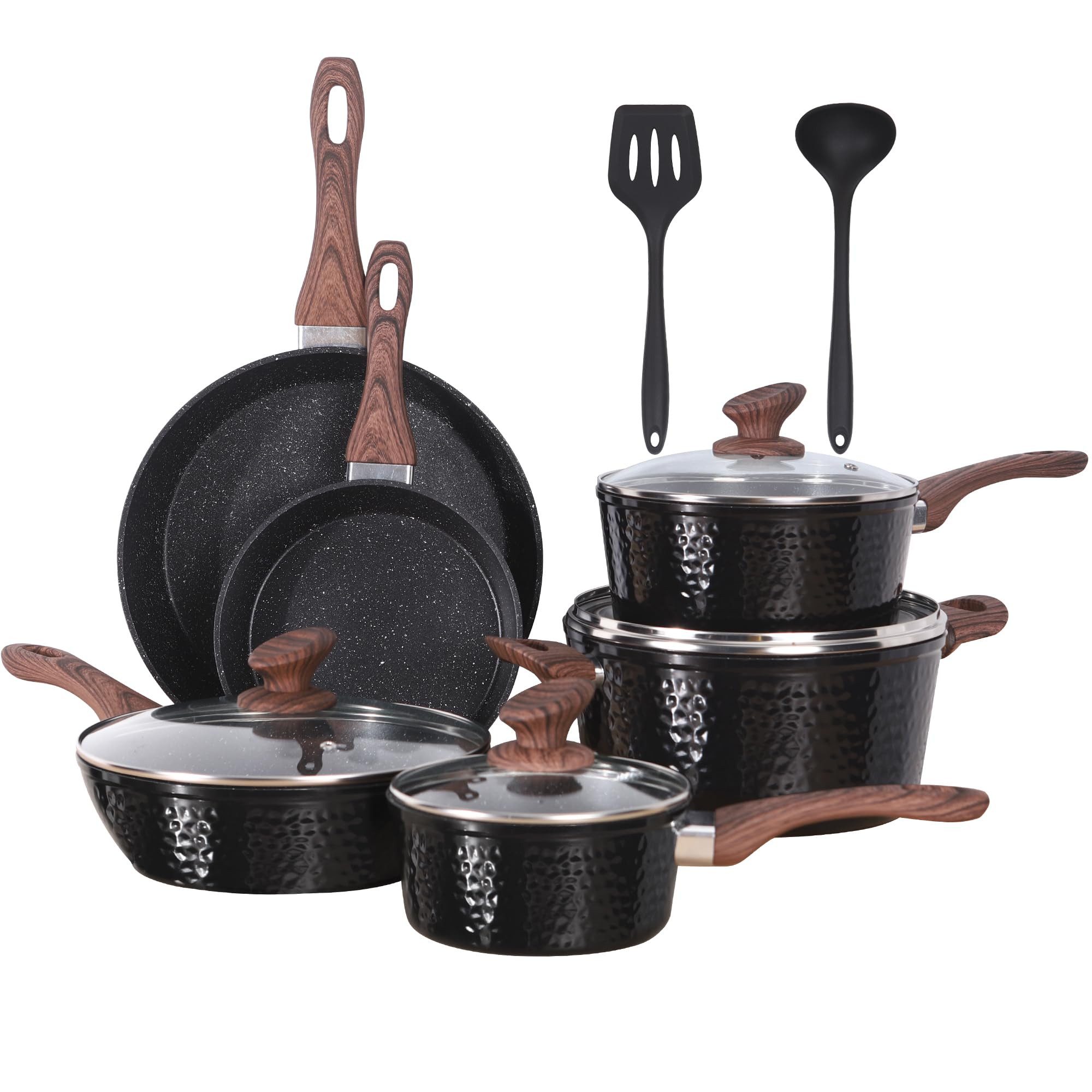 Kitchen Academy Topf-Set, Aluminium, Granit (20,3 cm/27,9 cm Bratpfanne, 1,5qt/3qt Stieltopf mit Deckel, 3qt/5qt Kasserolle mit Deckel, 2 Silikonspatel), Induktionskochgeschirr-Set 12-tlg Antihaft-Kochgeschirr-Set