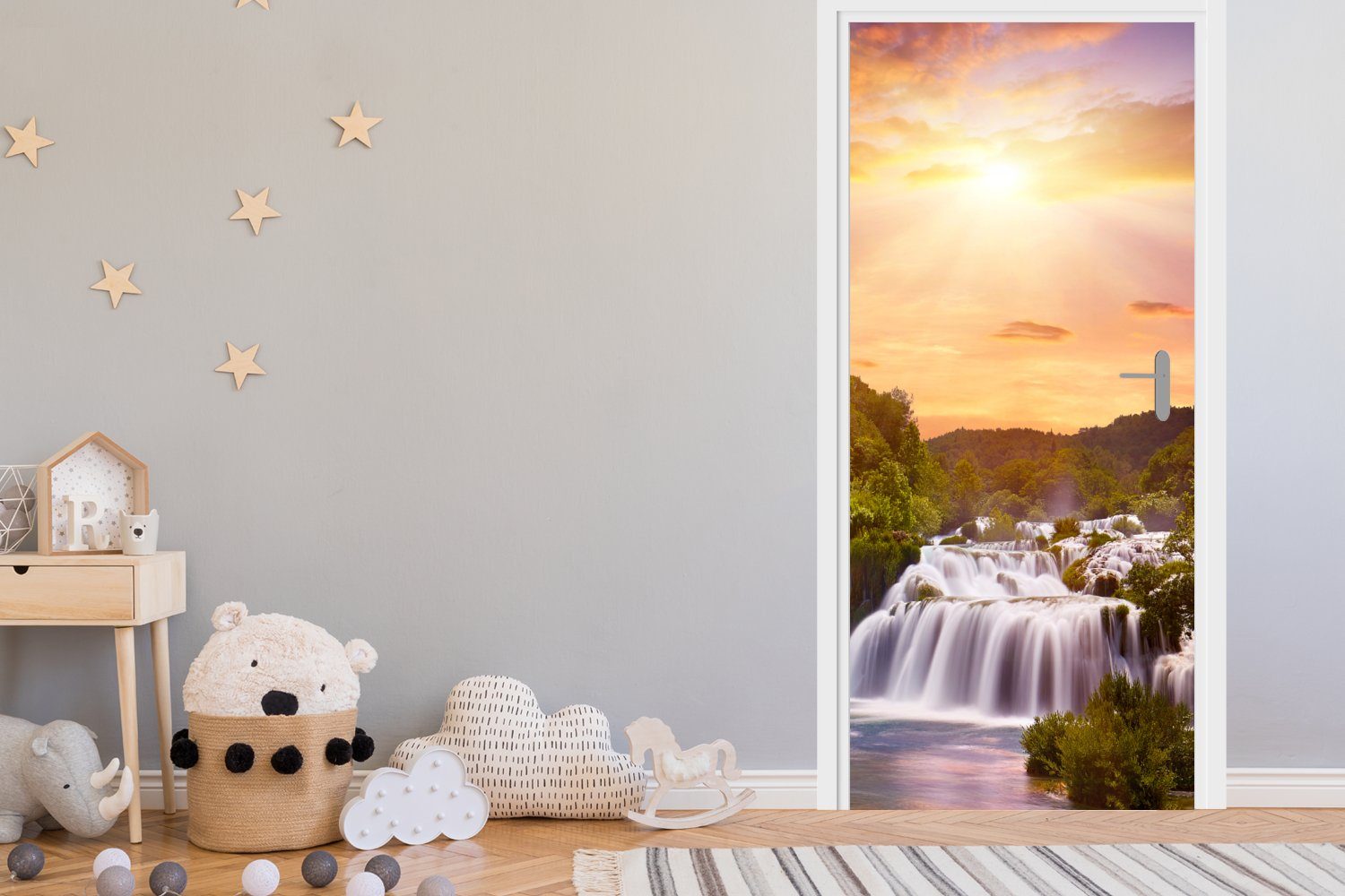 MuchoWow Türtapete Matt, Wasserfall für Sonne 75x205 - - - St), - (1 Fototapete Tür, bedruckt, cm Wolken Türaufkleber, Sonnenuntergang, Landschaft