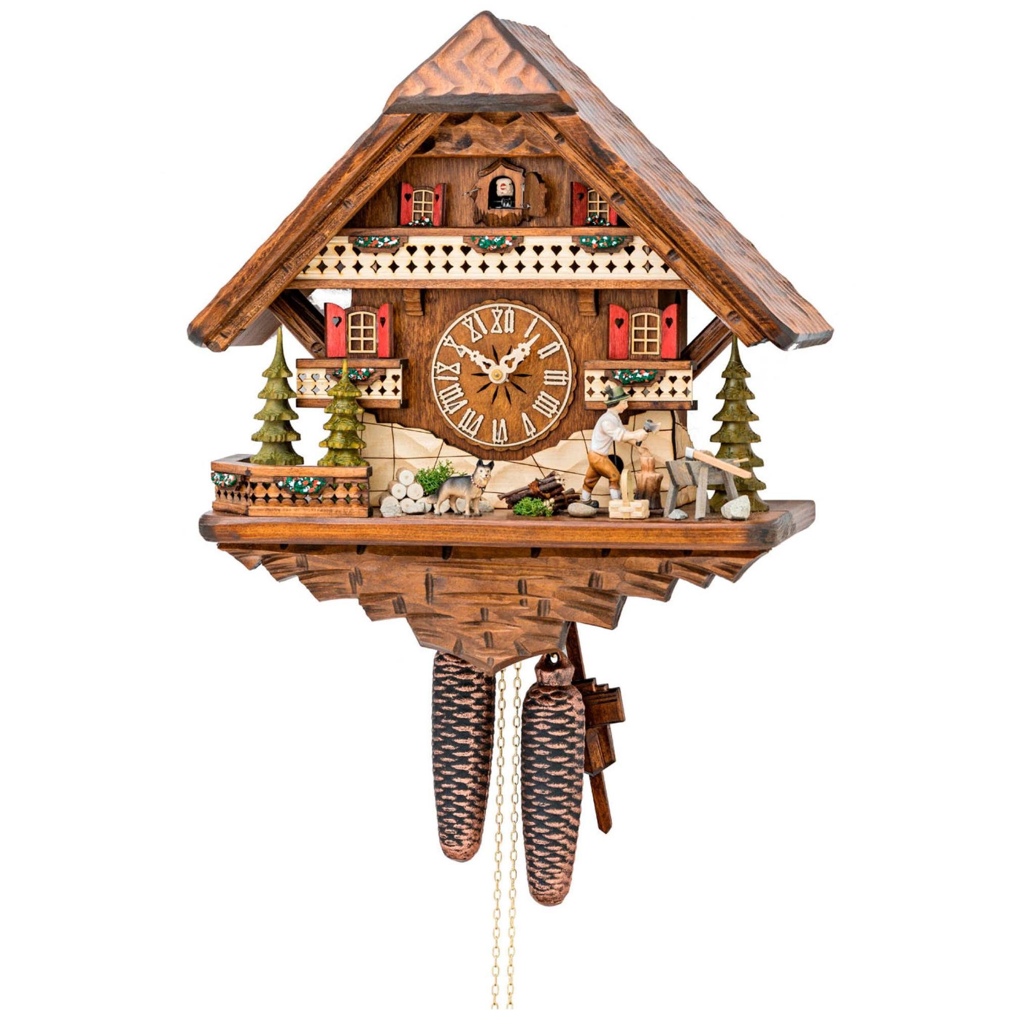 Cuco Clock Pendelwanduhr Kuckucksuhr Schwarzwalduhr "Holzhacker mit Schäferhund" und Wanduhr (42 x 40 x 21cm, 8 - Tage Werk, manuelle Nachtabschaltung)
