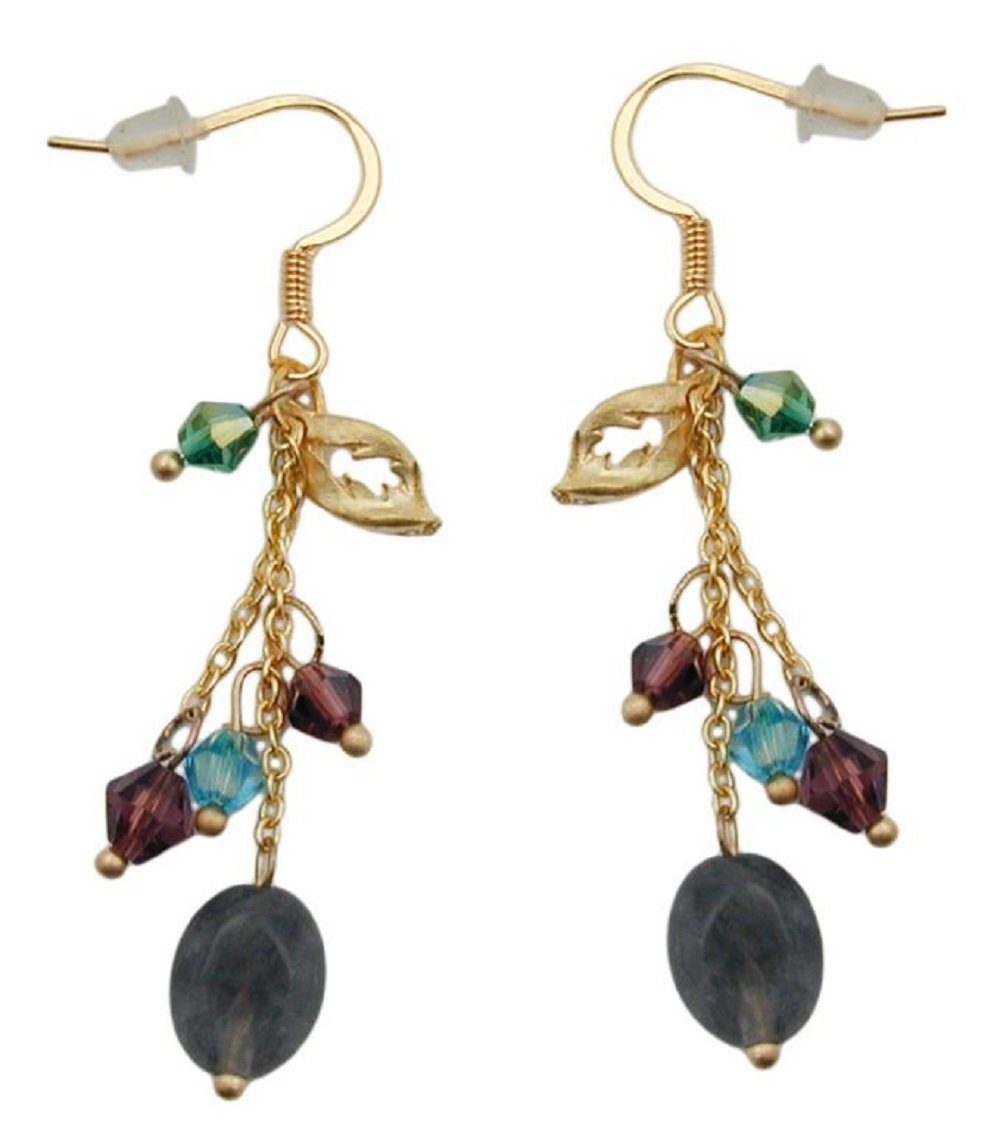 unbespielt Paar Ohrhänger Ohrhaken Kunststoffperlen bunt u. kleine goldfarbene Blattperle 55 mm, Modeschmuck für Damen