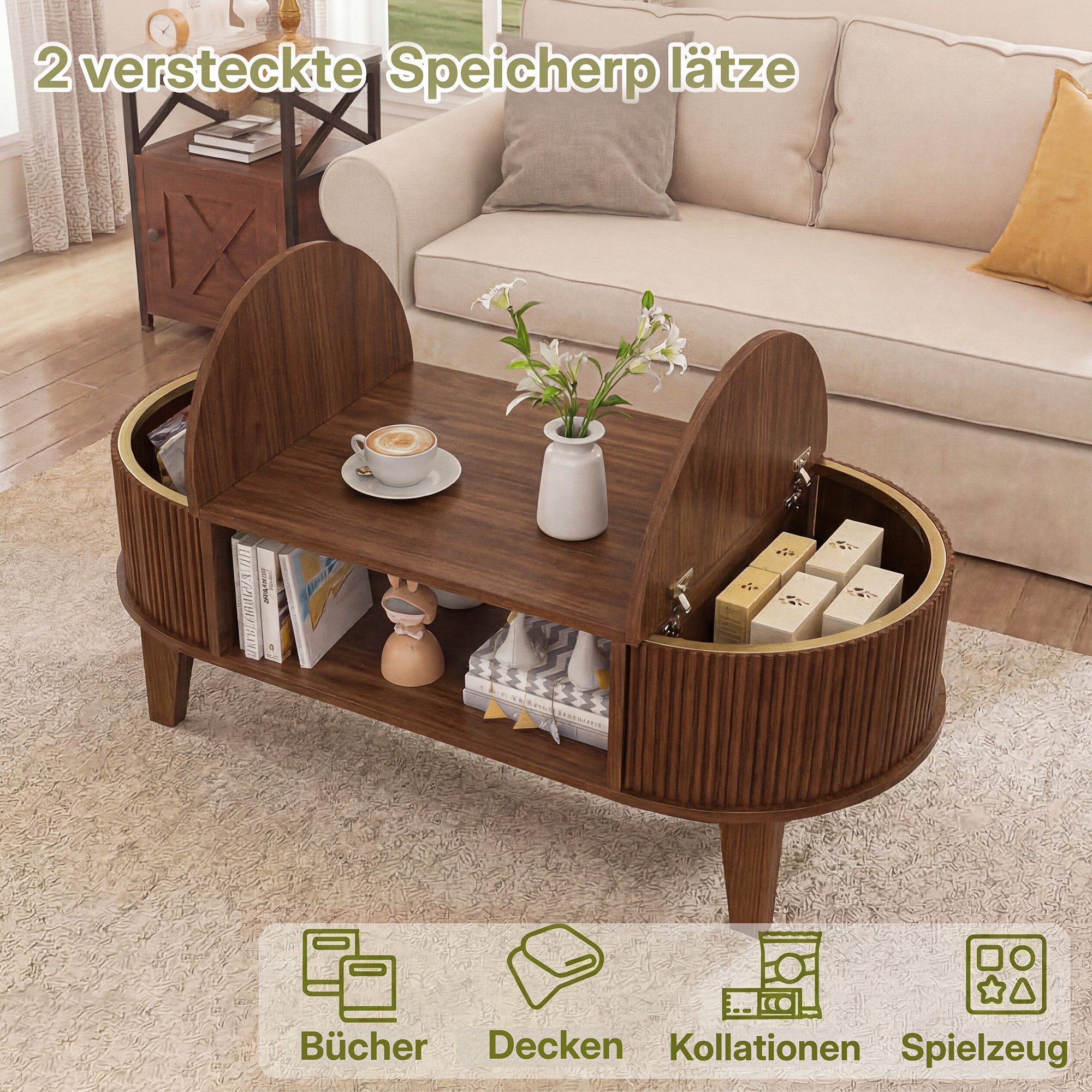 FUROKOY Couchtisch aus walnussfarbenem Holz Wohnzimmertisch, Sofatisch oval, Beistelltisch mit verstecktem Stauraum,Holzbeinen