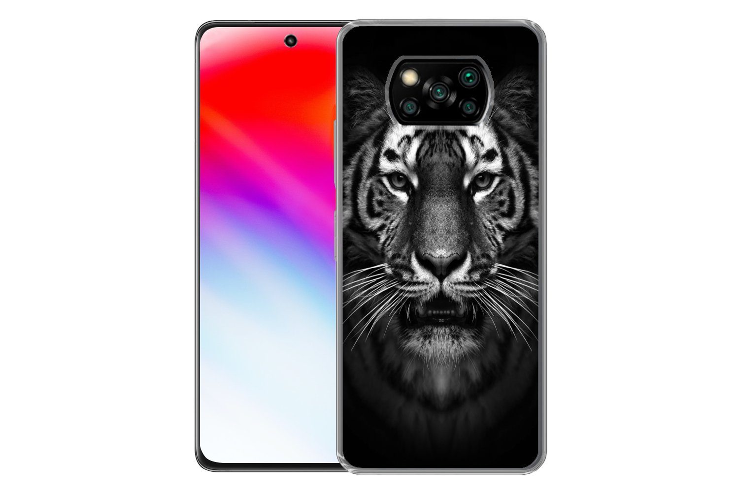 MuchoWow Handyhülle für Xiaomi Poco X3 Pro Tiger - Tiere - Schwarz - Weiß - Porträt - Wild, Phone Case, Silikon, Schutzhülle Dünn