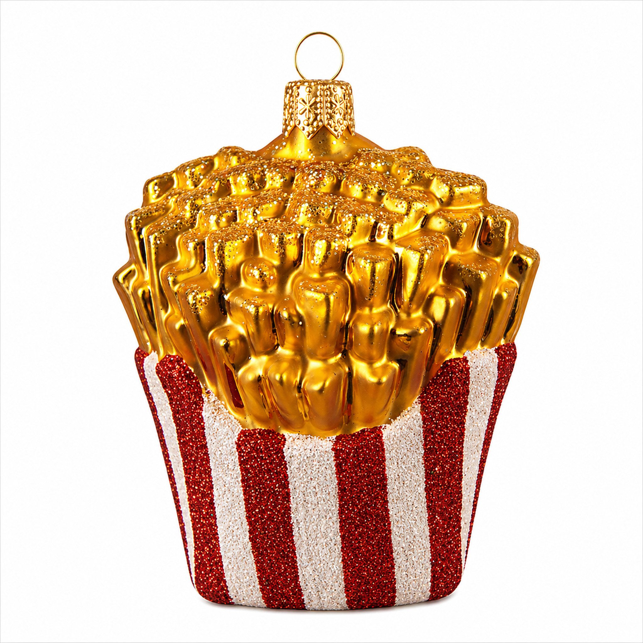IMPULS Christbaumschmuck, Christbaumanhänger Pommes Tüte aus Glas 6cm Gold Rot Weiß