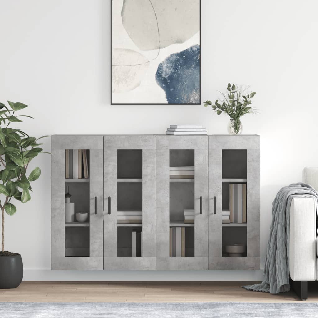 furnicato Wandhängeschrank Wandschrank Betongrau 69,5x34x90 cm aus Holzwerkstoff und Glas, 2-tlg., Hängeschrank mit Glastüren, feuchtigkeitsbeständig und als Aufsatz