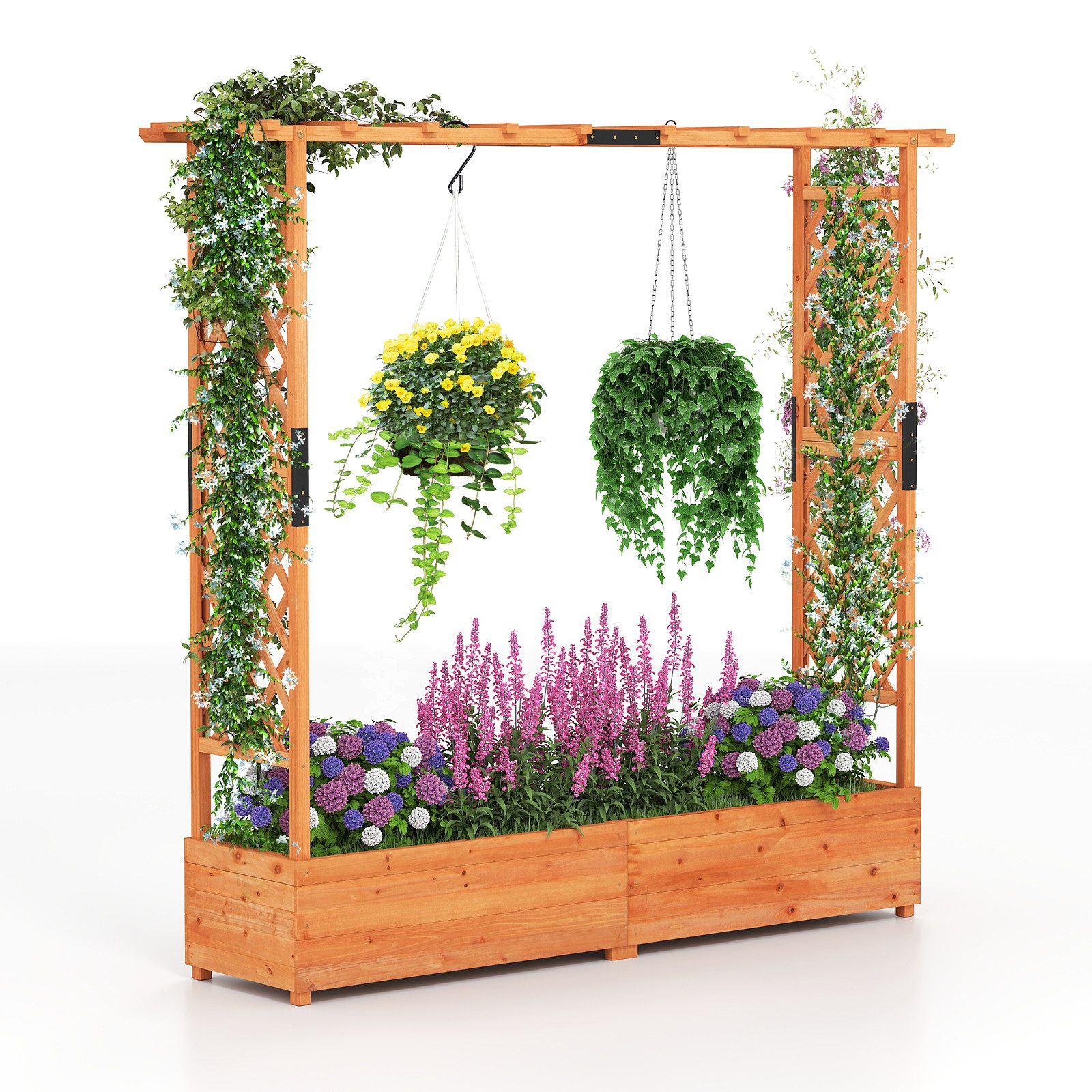 COSTWAY Blumenkasten (1 St), Hochbeet mit Rankgitter, für Kletterpflanzen, 196 x 44 x 182 cm