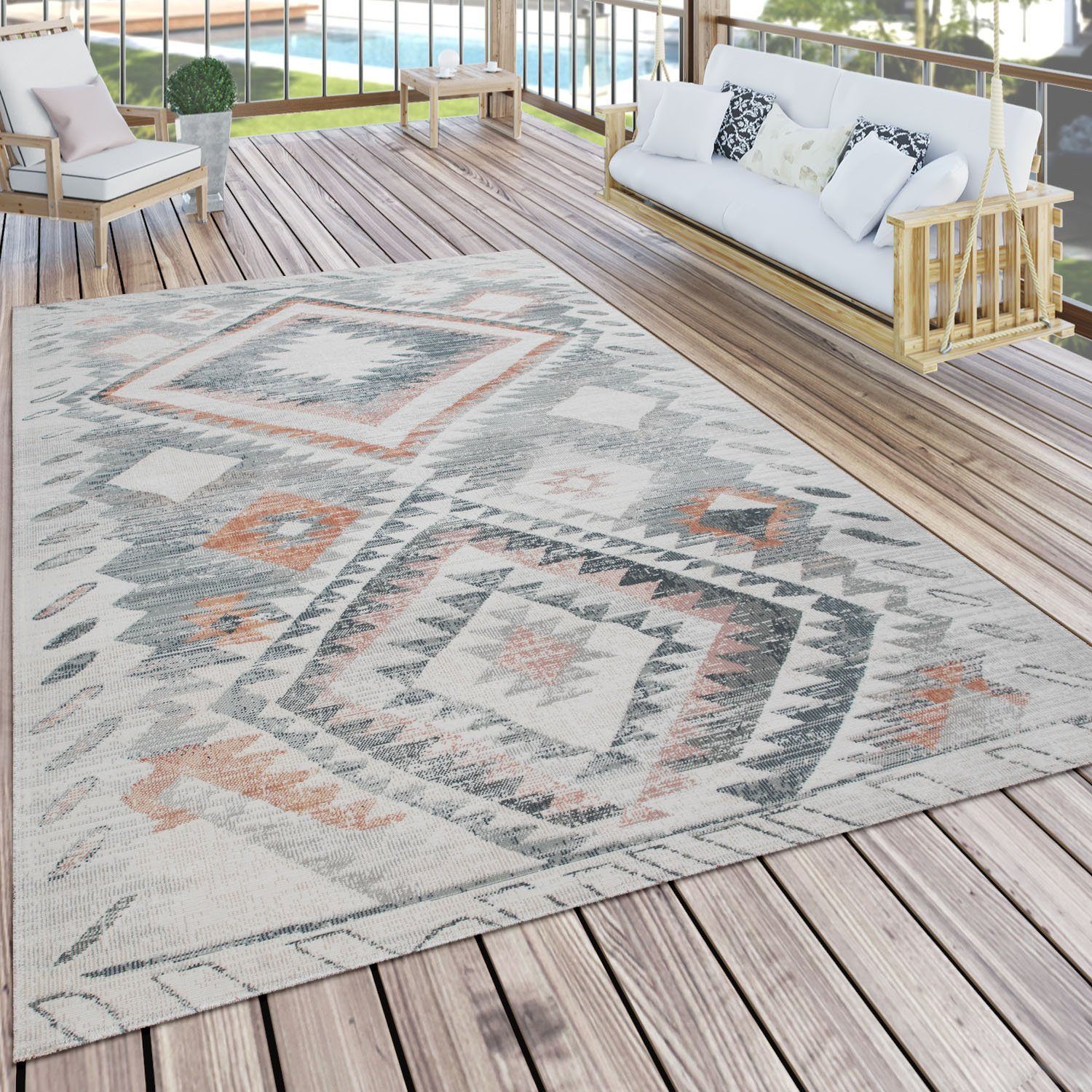 Teppich Mabella 496, Flachgewebe, grau Outdoor und In- Rauten geeignet Design, Home, mm, Höhe: 4 Paco Motiv, rechteckig, Vintage