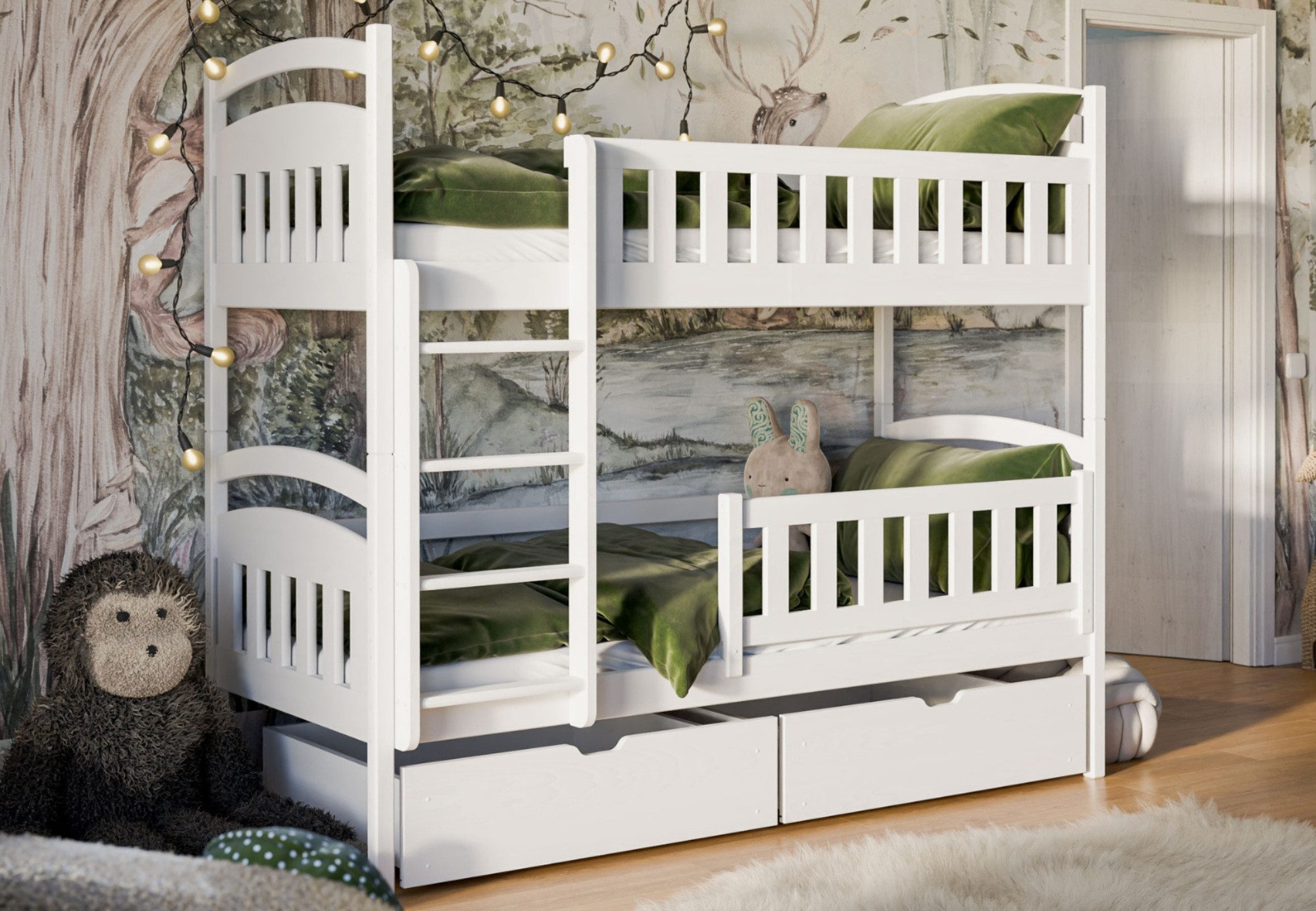 Kids Collective Etagenbett Hochbett Kinderbett 80x180 90x200 umbaubar in zwei Одноместные кровати, 200x90 mit zwei Schubladen,Lattenrost,Rausfallschutz Vollholz weiß