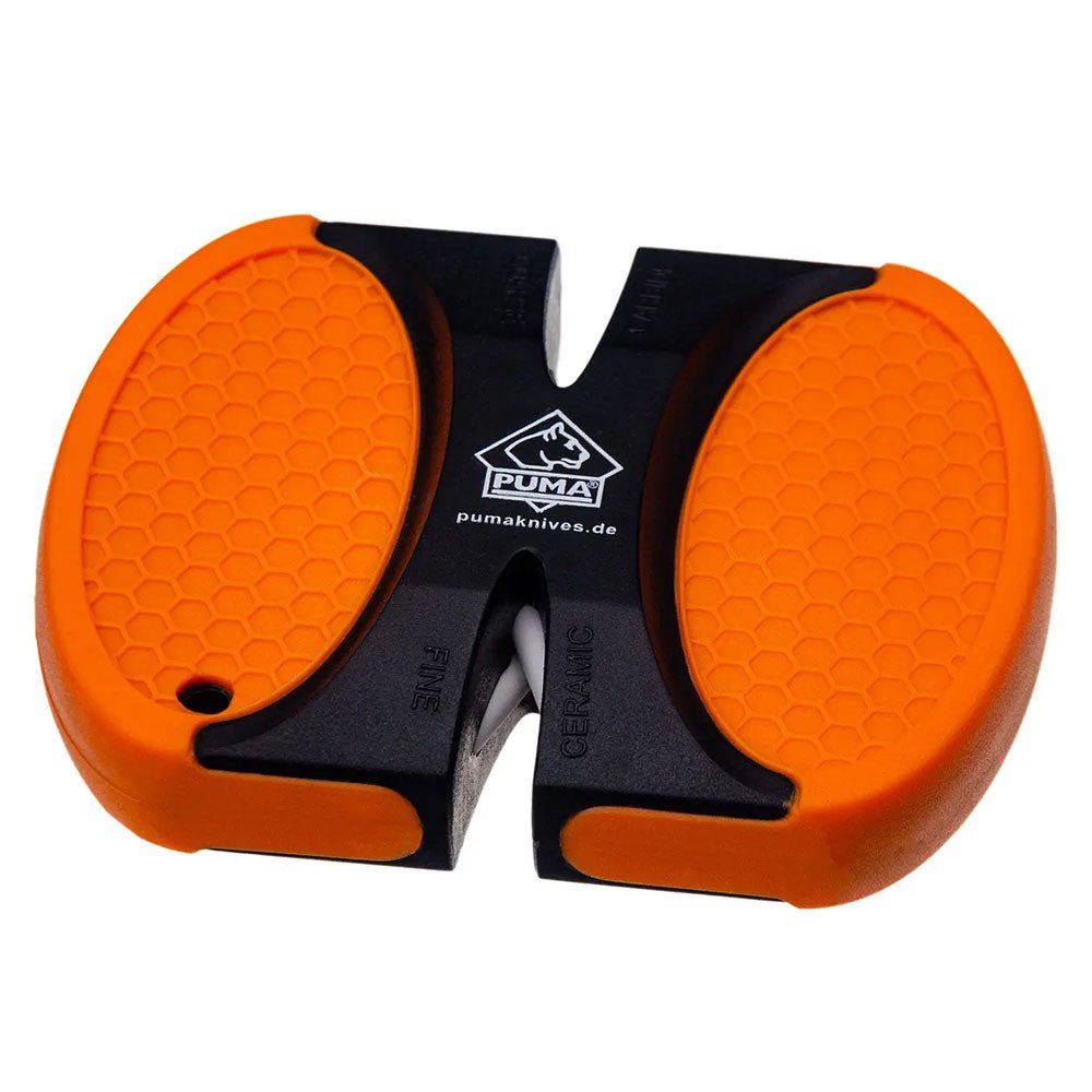 Puma Messer Messerschärfer TEC Schärfgerät SharpGo - Orange Messerschärfer Schleifgerät, schwimmt, gut auffindbar in Gelände, X-förmig, grobe und feine Stufe