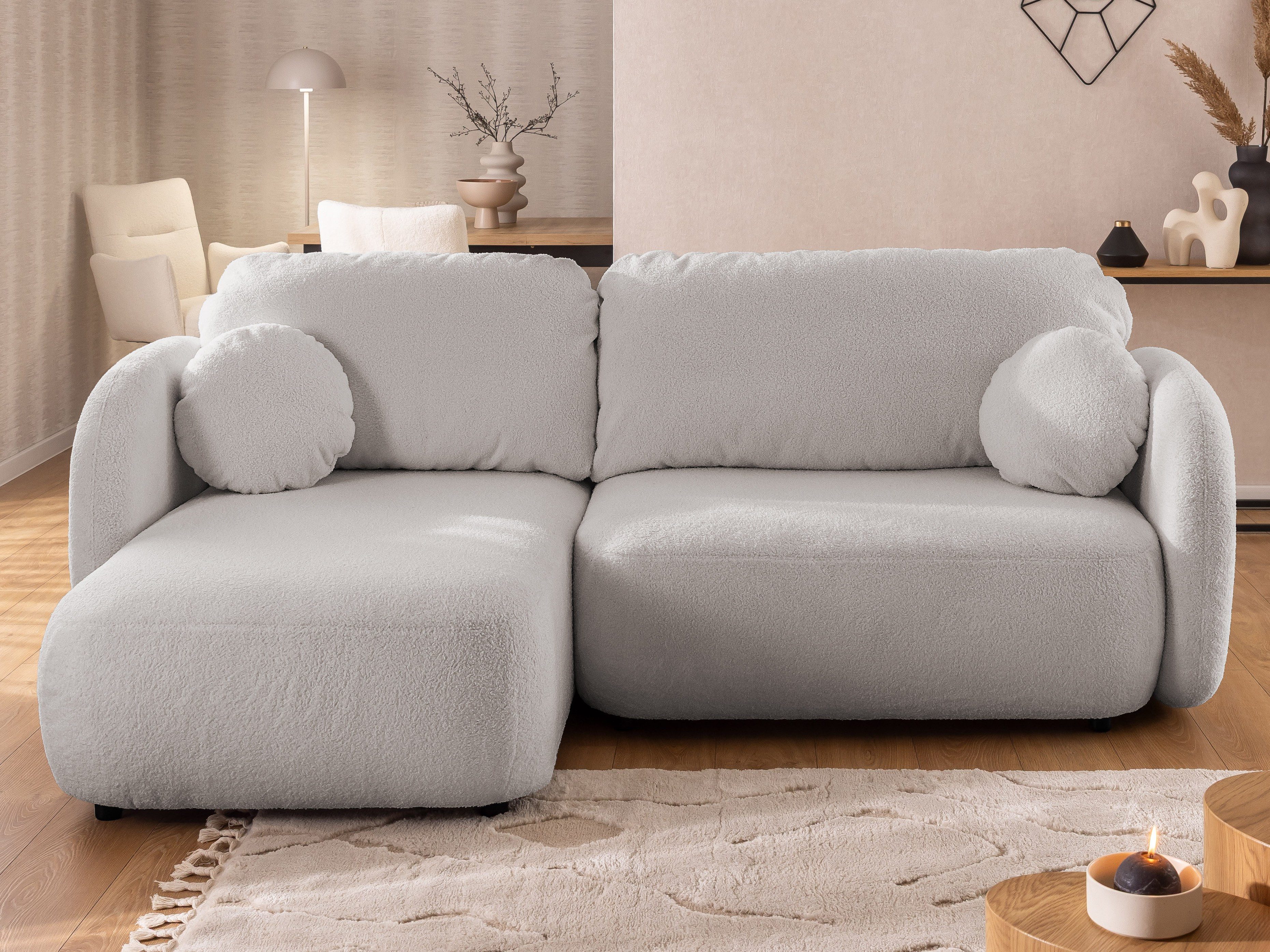 S-Style Möbel Ecksofa L- Form Candy mit Schlaffunktion und Stauraum aus Bouclé-Stoff, mit Taschenfedern