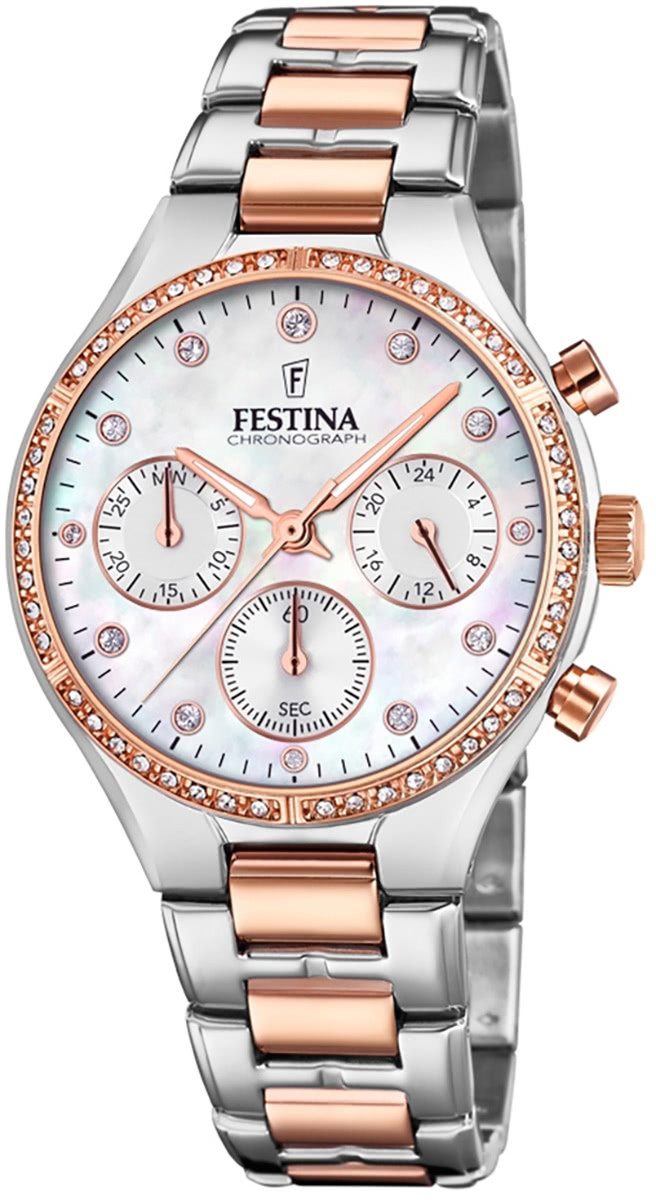Festina Chronograph Festina Damen Uhr F20403/1 Edelstahl, (Chronograph), Damen Armbanduhr rund, Edelstahlarmband silber, rose