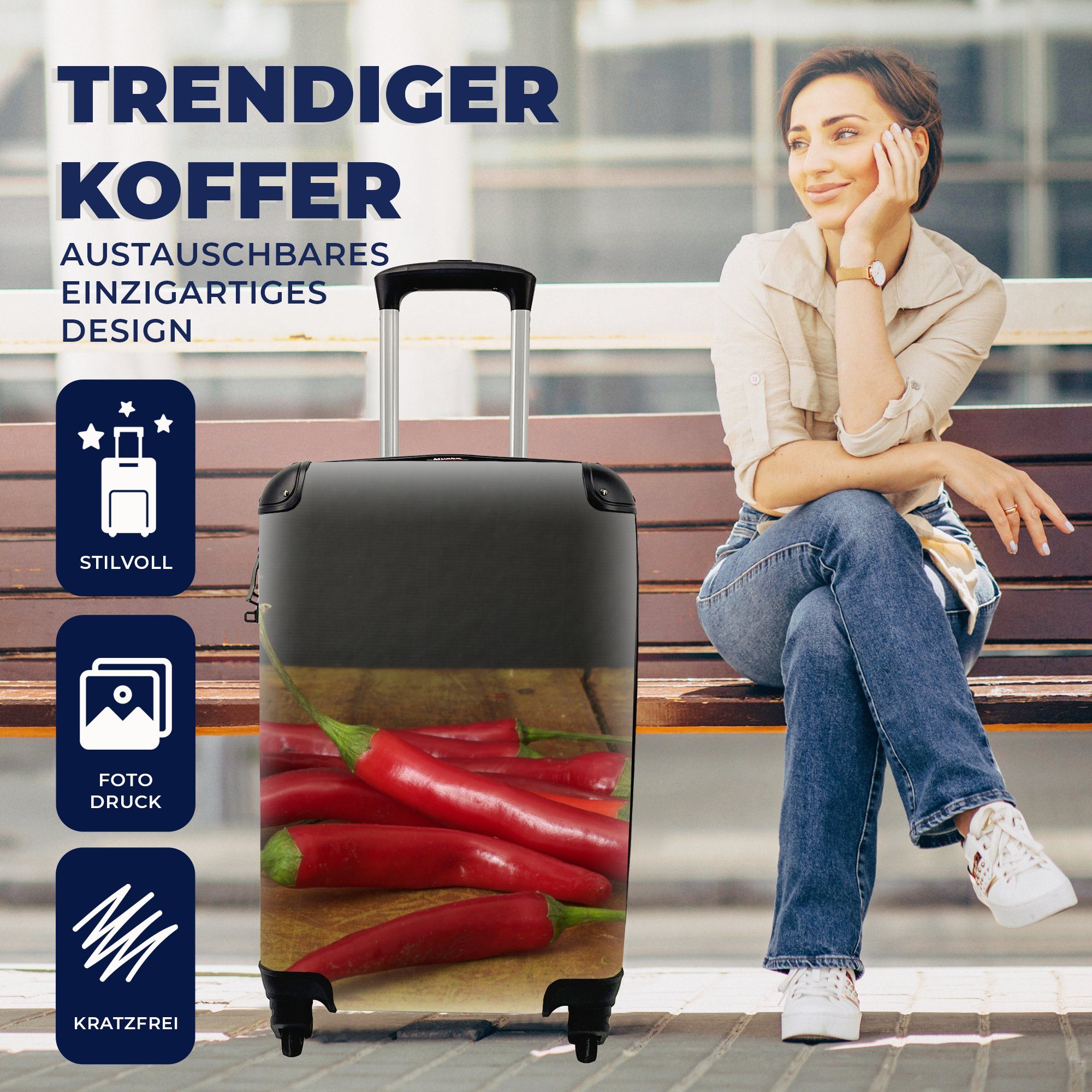 für 4 rollen, Handgepäckkoffer roter Reisekoffer Trolley, Ein Haufen Rollen, Reisetasche Handgepäck MuchoWow Chilischoten, mit Ferien,