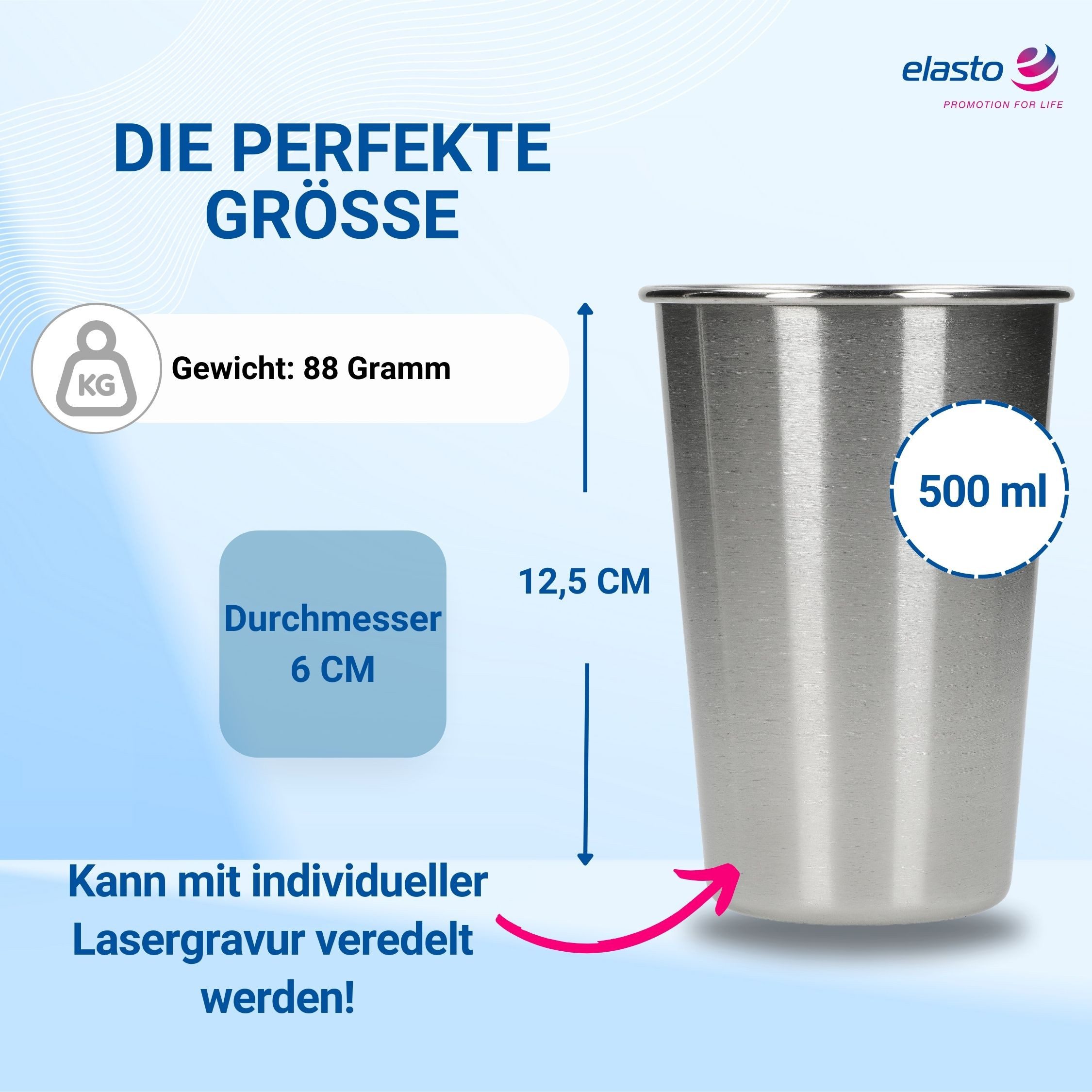 elasto Becher Edelstahl Trinkbecher to go 500 ml METALLO perfekt für unterwegs, Edelstahl, robust, camping geschirr, wandern, Becher für Partys