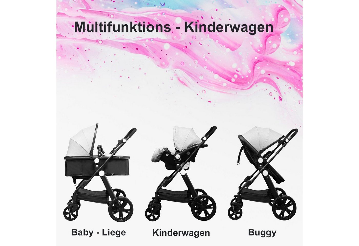 Thumbnail - TPFLiving Kombi-Kinderwagen Babyschale Baby Buggy Babywanne Windeltasche, Kinderwagen 3 in 1 inkl. Abnehmbaren Sonnensch...
