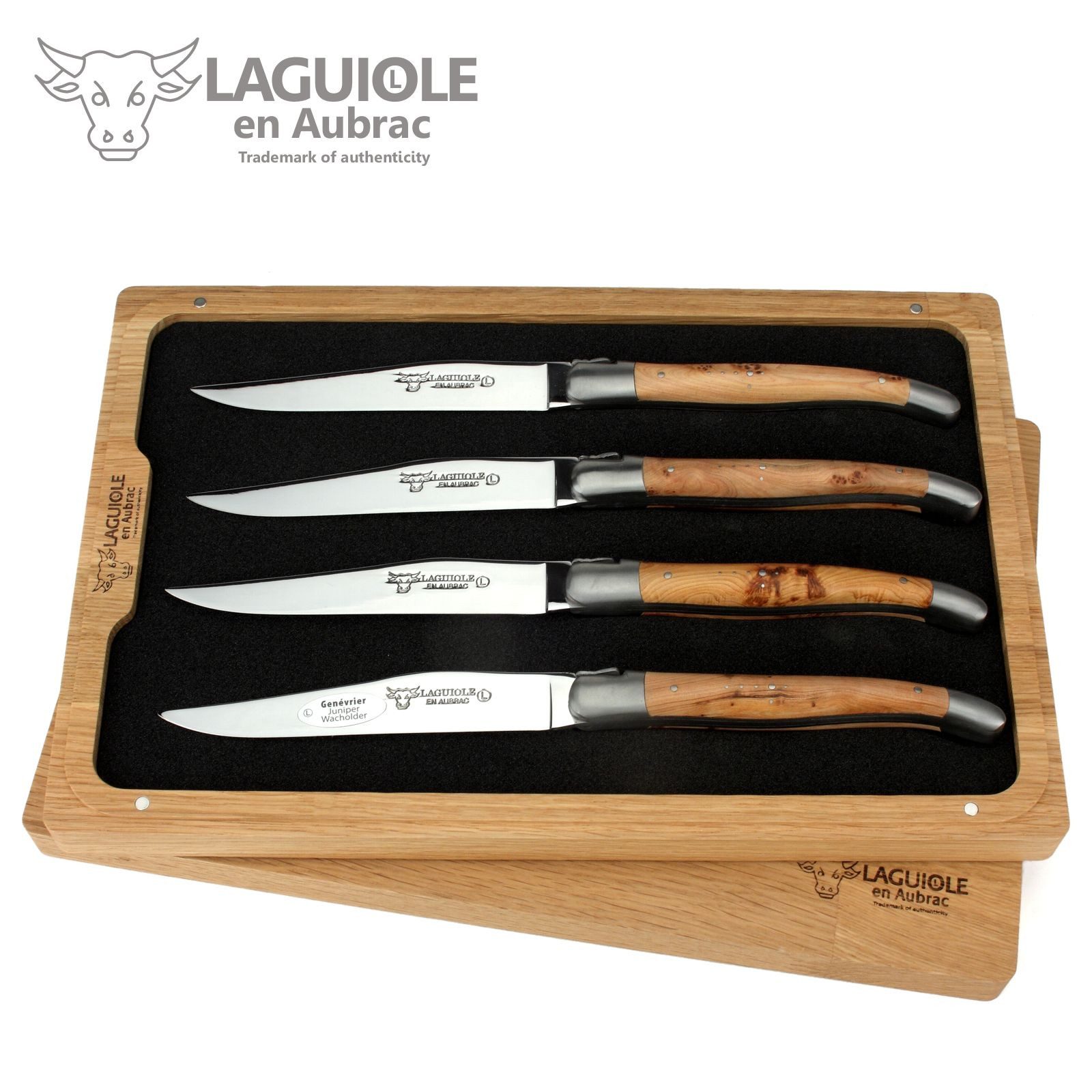 Laguiole en Aubrac Steakmesser 42C99GEIH 4er Set - Griff Wacholder - Backen matt - Klinge glänzend - Holzbox