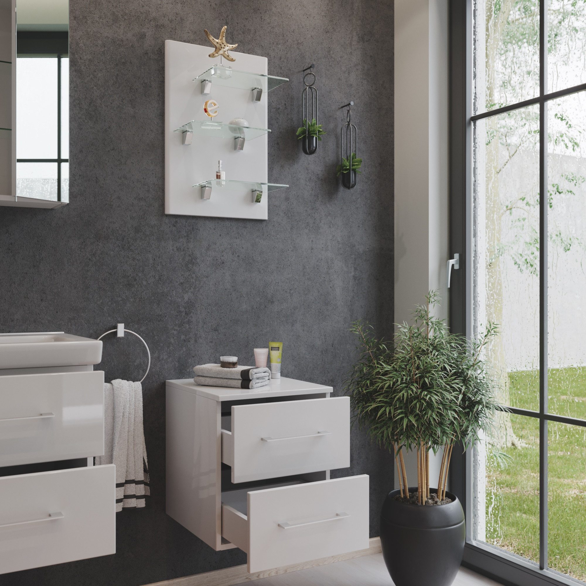 Magnolia Home Hängeschrank Kombi: Seitenschrank Cube, Regal-Panel 3 Glasböden weiß hochglanz