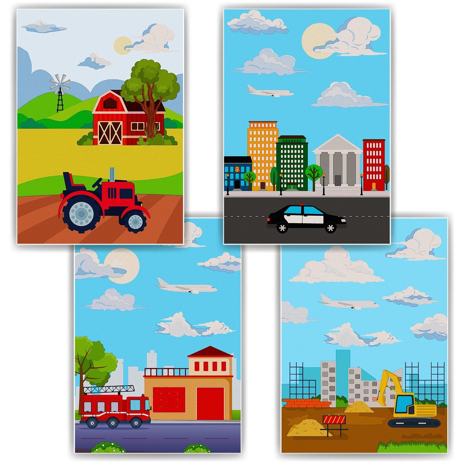 Tigerlino Poster Traktor Polizei Feuerwehr Bagger 4er Set Kinderzimmer Wandbilder