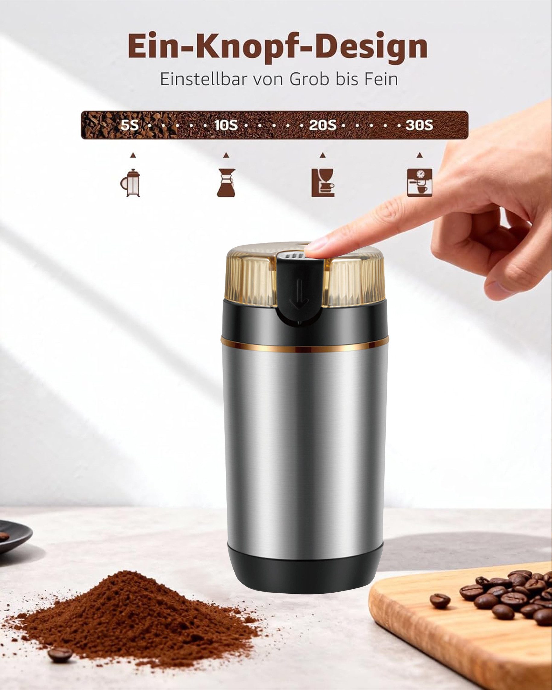 Luckice Kaffeemühle Elektrische Kaffeemühle Edelstahl Klinge, Kaffeebohnenmühle, 150 W, 50 g Bohnenbehälter, für Kaffeebohnen, Kräuter, Nüsse, Körner