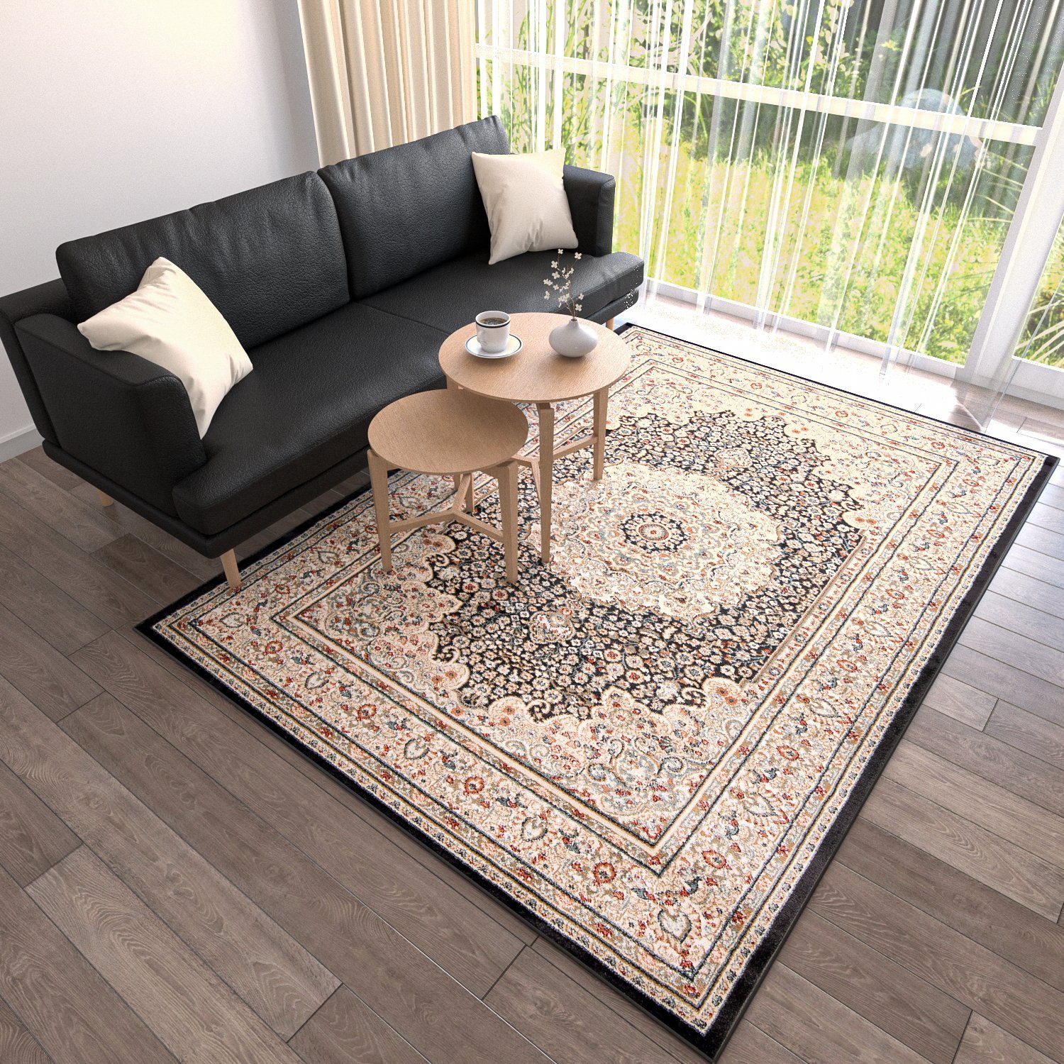 Mazovia Orientteppich Oriente Teppich - Traditioneller Teppich Orient Beige Schwarz, 60 x 100 cm, Geeignet für Fußbodenheizung, Pflegeleicht, Wohnzimmerteppich
