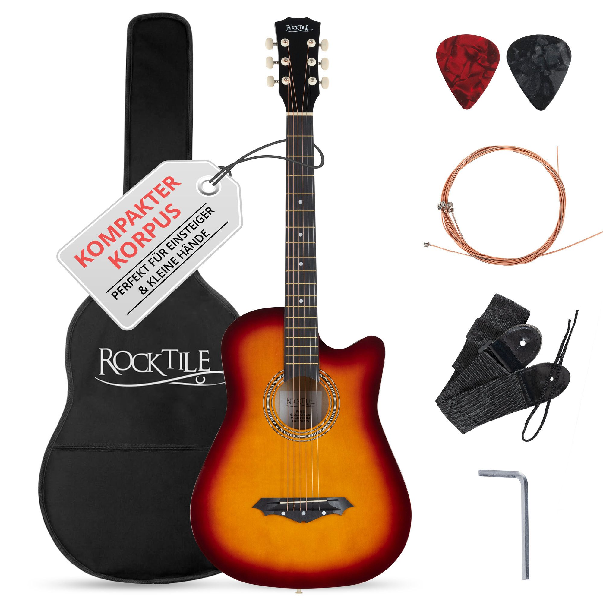 Rocktile Westerngitarre WSD-5C Slim Line Akustikgitarre Set - Dreadnought Akustik Gitarre, Set inkl. Tasche, Ersatzsaiten, Gurt und Plektren