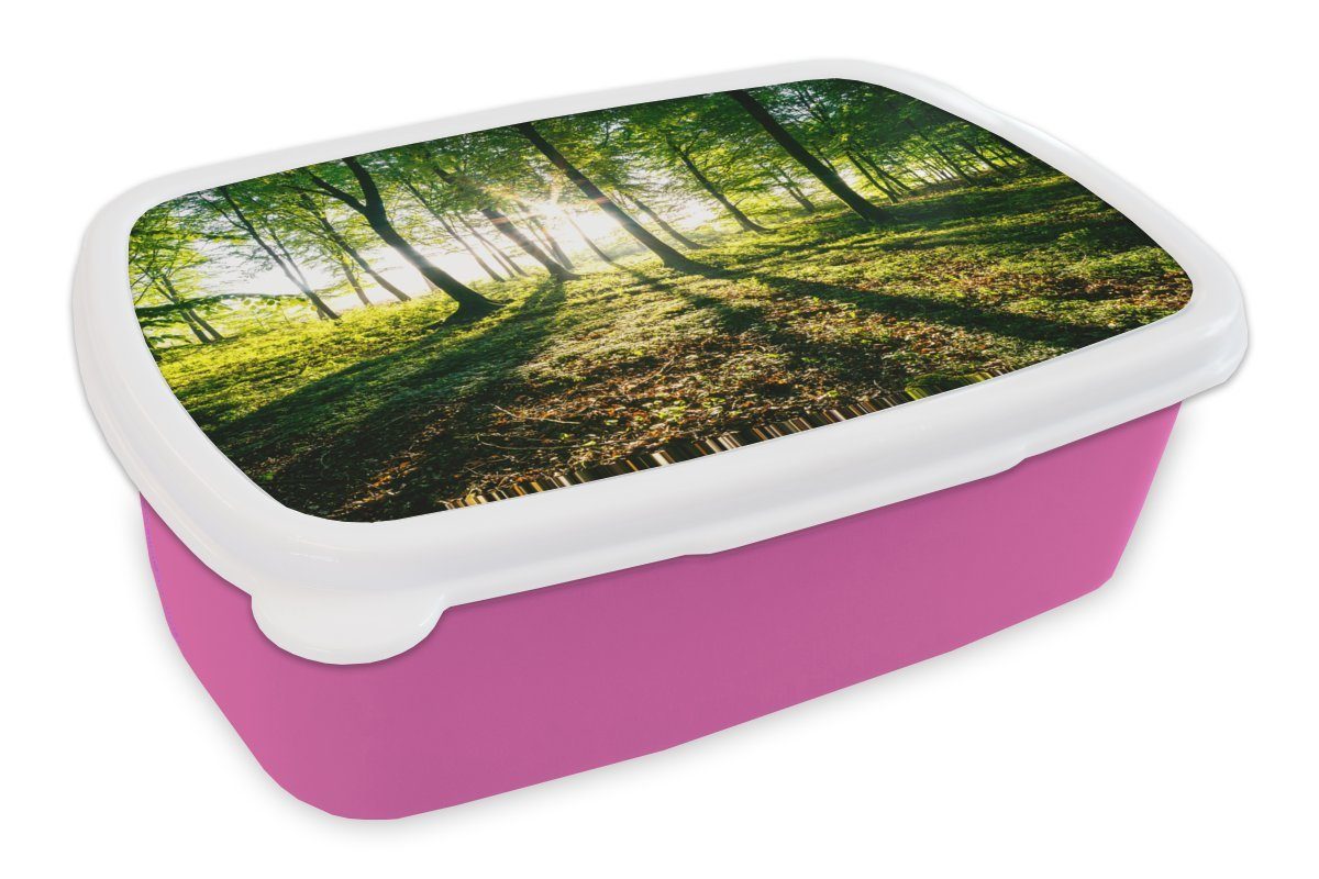 MuchoWow Lunchbox Die Sonne bricht Kunststoff Nationalparks Kunststoff, rosa Mädchen, in, Erwachsene, des Söderåsen die Brotbox Kinder, für Snackbox, Wälder (2-tlg), durch Brotdose