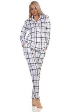 Normann Pyjama Damen Schlafanzug zum durchknöpfen in Karo Optik in Jersey Qualität