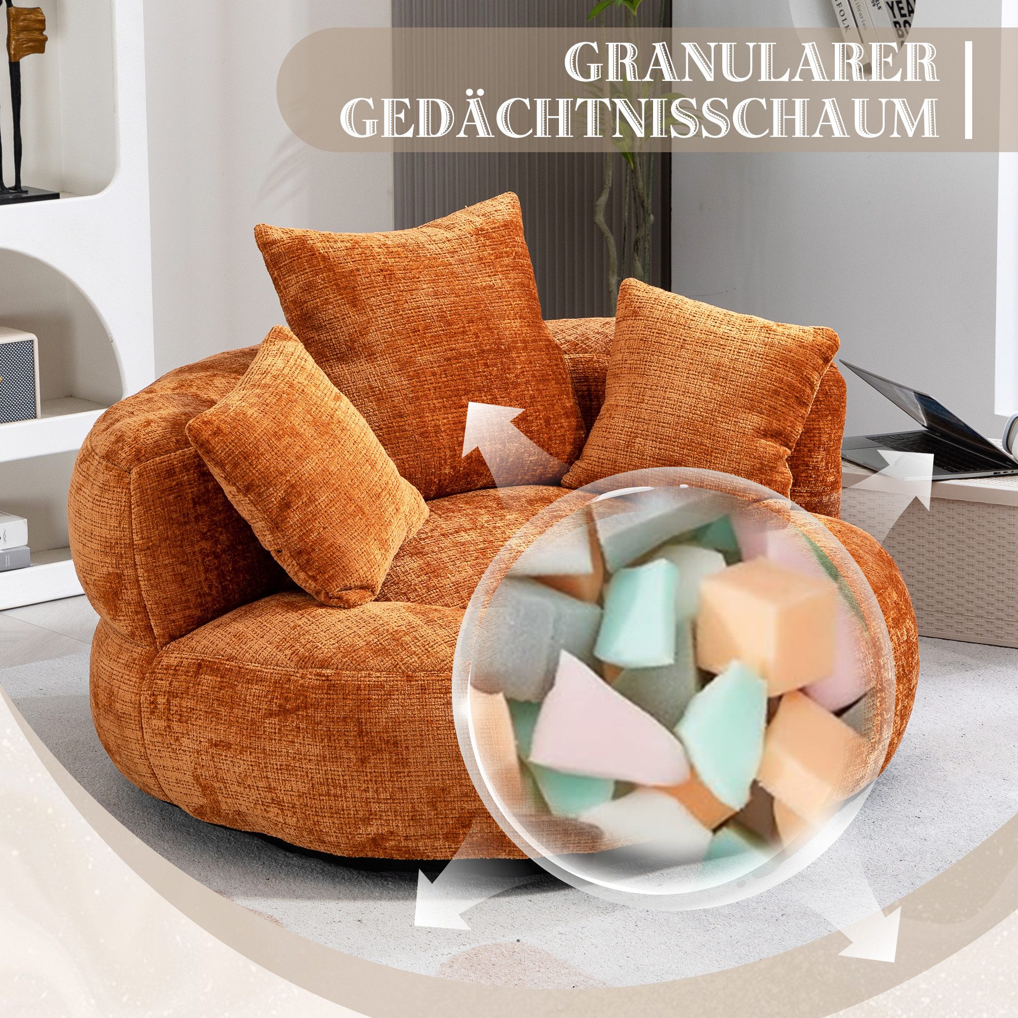 STILVORA Relaxsessel Indoor & Outdoor Sitzsack bean bag sofa mit hohen Rücken,Lazy Sofa (Lazy Sofa mit hohem Rücken und 3 Kissen – Ergonomischer Sitzsack für Erwachsene & Kinder, Chenille-Stoff, für Wohnzimmer, Büro & Schlafzimmer, Komfortabler Lounger, Gaming Stuhl, 150 kg Kapazität), 108 x 108 x 52 cm