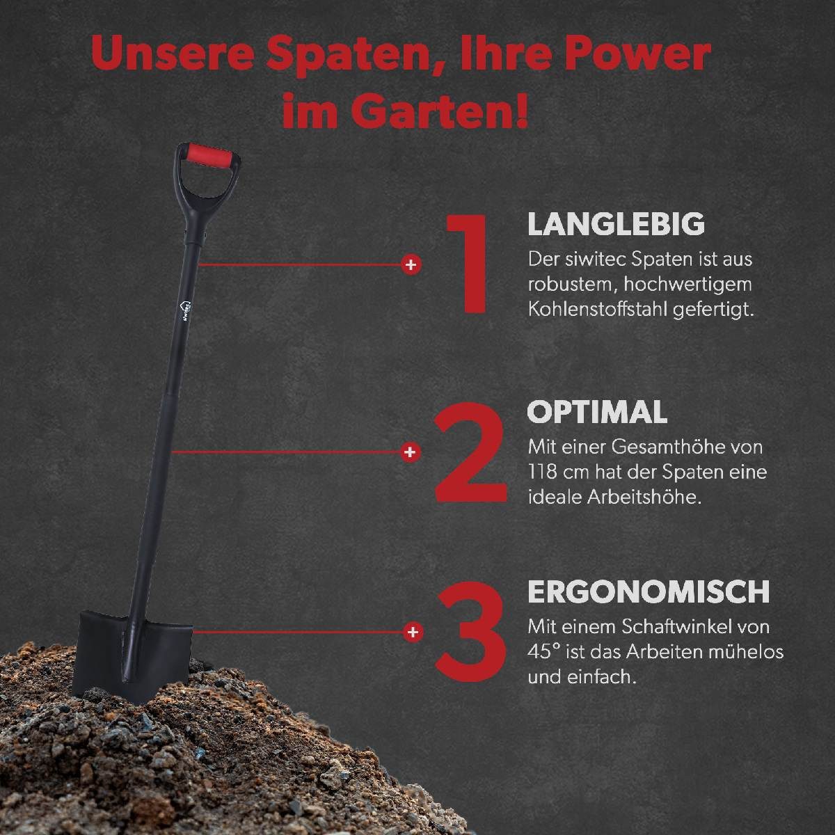 siwitec Spatengabel Spaten rund Gartenspaten SG-220 118 cm Garten Spaten Stahl Schaufel, (Set, Gartengerät in gewählter Ausführung)
