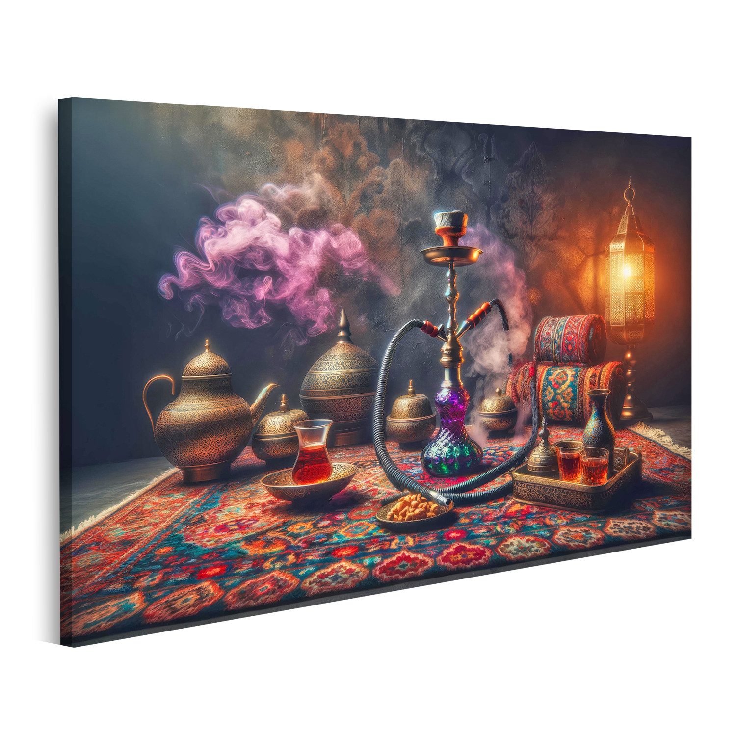 Leinwandbild Orientalische Lounge mit rauchender Shisha und traditionellem Teeset