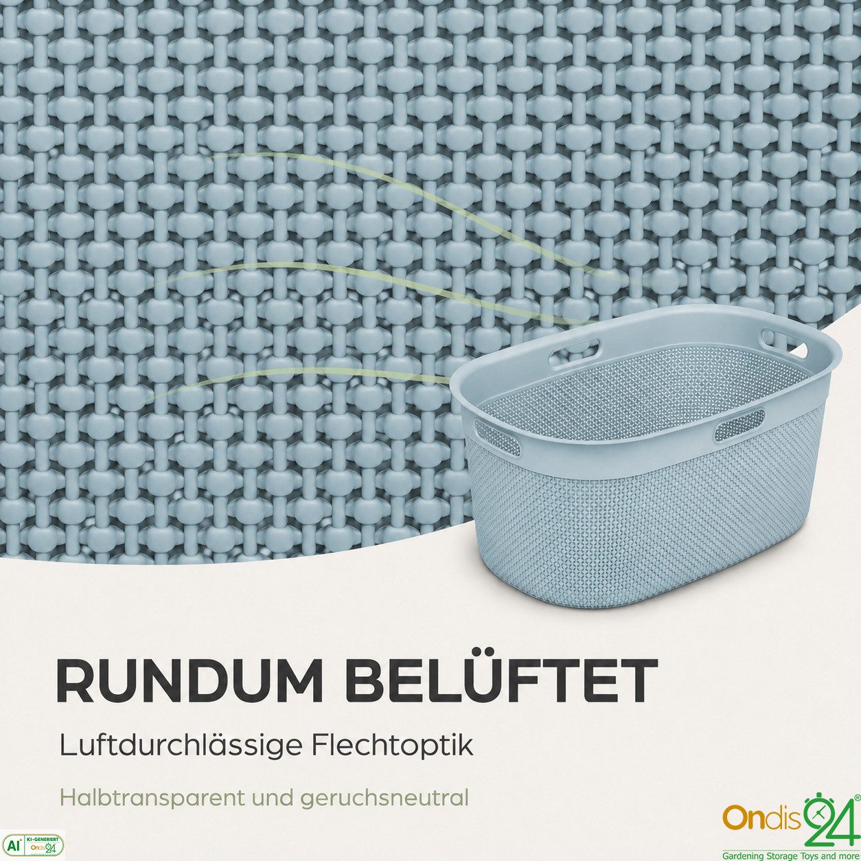 ONDIS24 Wäschekorb Tragekorb Filo 45 L, hochwertiger, geruchsneutraler Kunststoff, 45 L, belüftet und nestbar – Bild 5 von 5