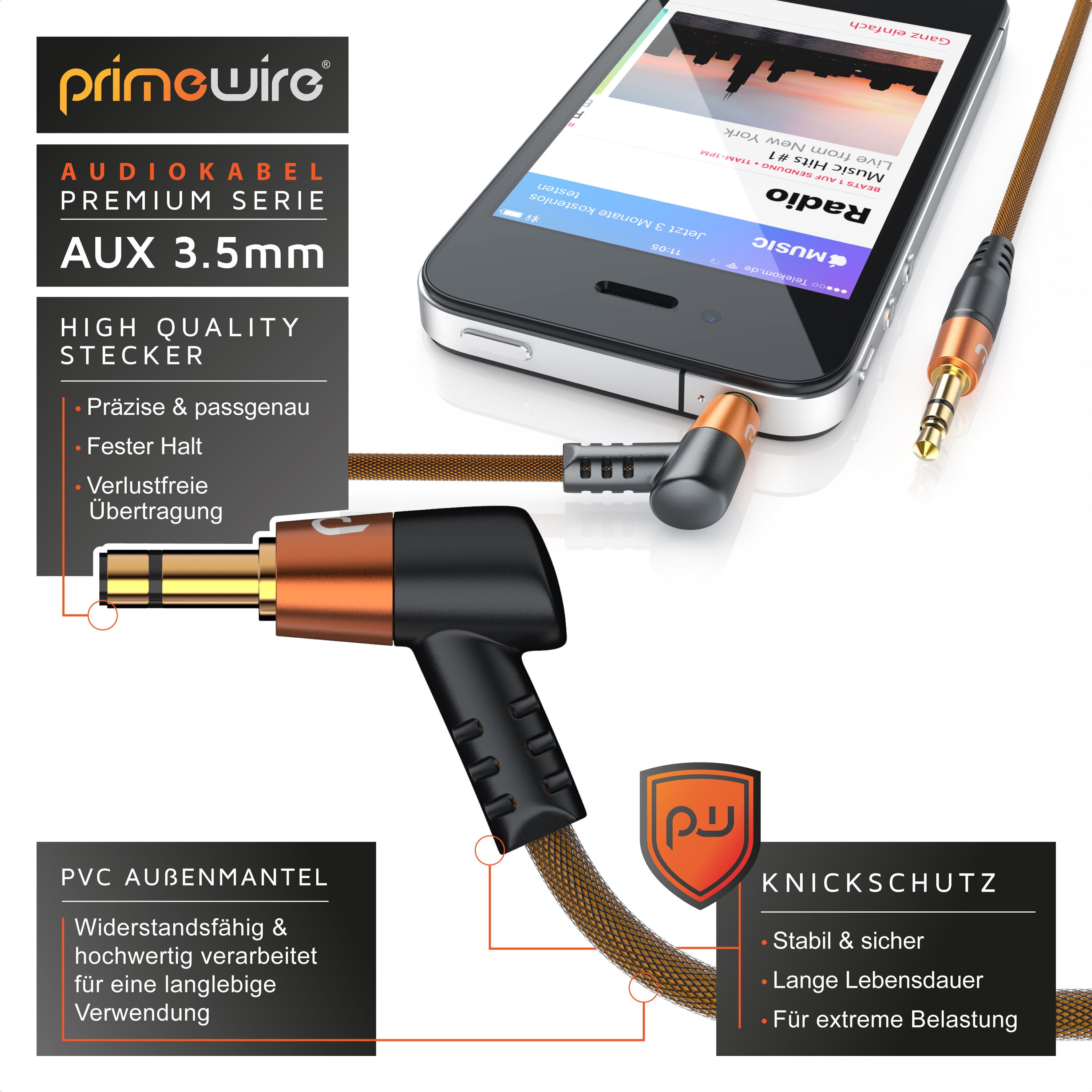 Primewire gewinkeltes HiFi Stereo Klinkenkabel / Verbindungskabel - 2m Audio-Kabel, AUX, 3,5-mm-Klinke (200 cm), für Smartphone, Auto, HiFi, klarer Sound ohne S – Bild 4 von 5