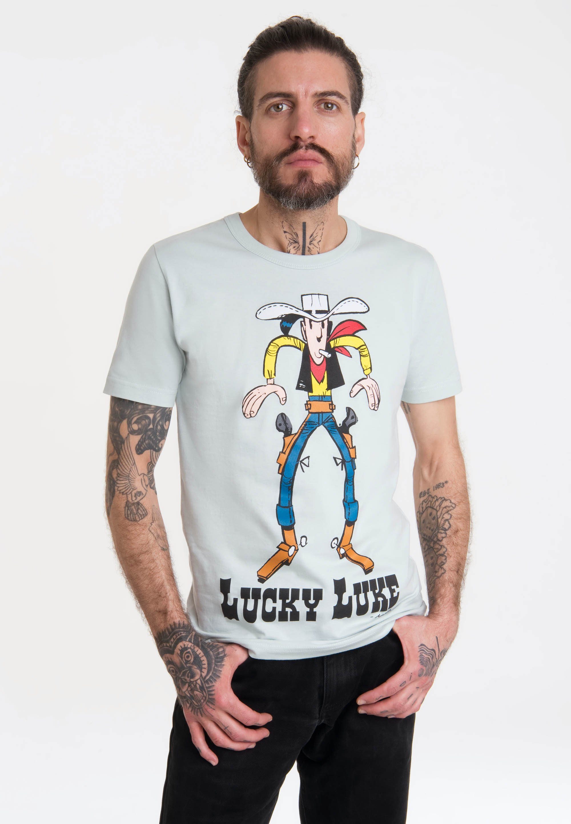 Luke gefertigt Lucky mit formbeständiger Aus Retro-Print, LOGOSHIRT Baumwolle weicher, angesagtem T-Shirt