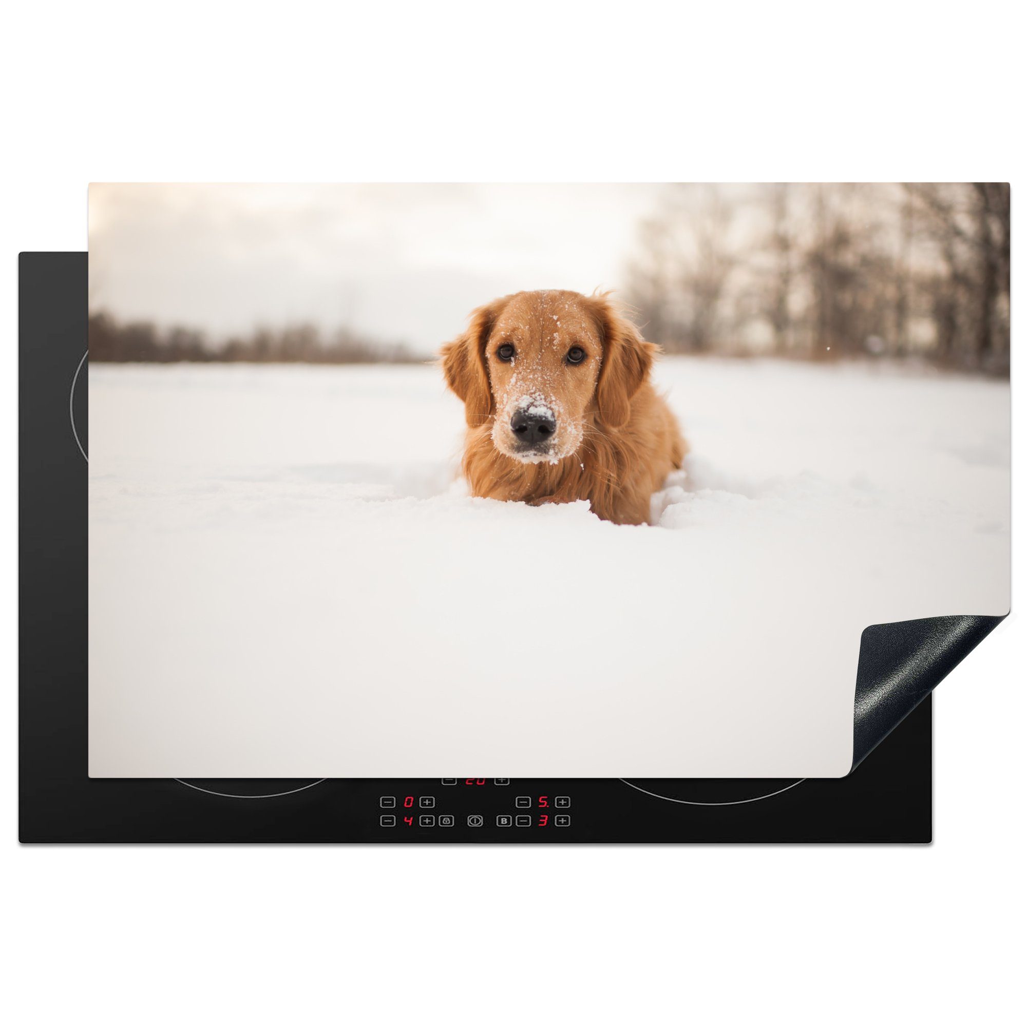MuchoWow Herdblende-/Abdeckplatte Hund - Schnee - Winter, Vinyl, (1 tlg), 81x52 cm, Induktionskochfeld Schutz für die küche, Ceranfeldabdeckung