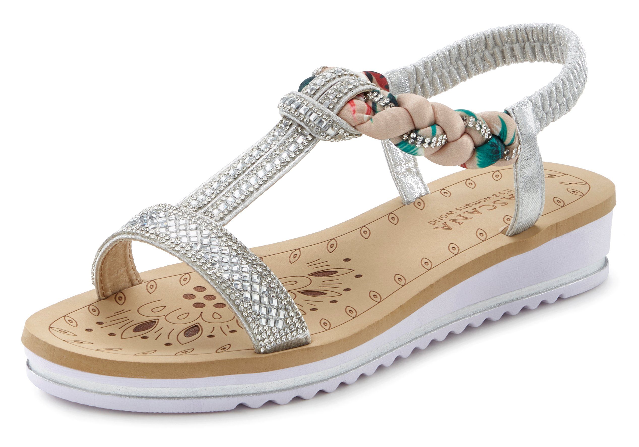LASCANA Sandale Sandalette, elastischen mit und Riemchen Sommerschuh Schmucksteinen