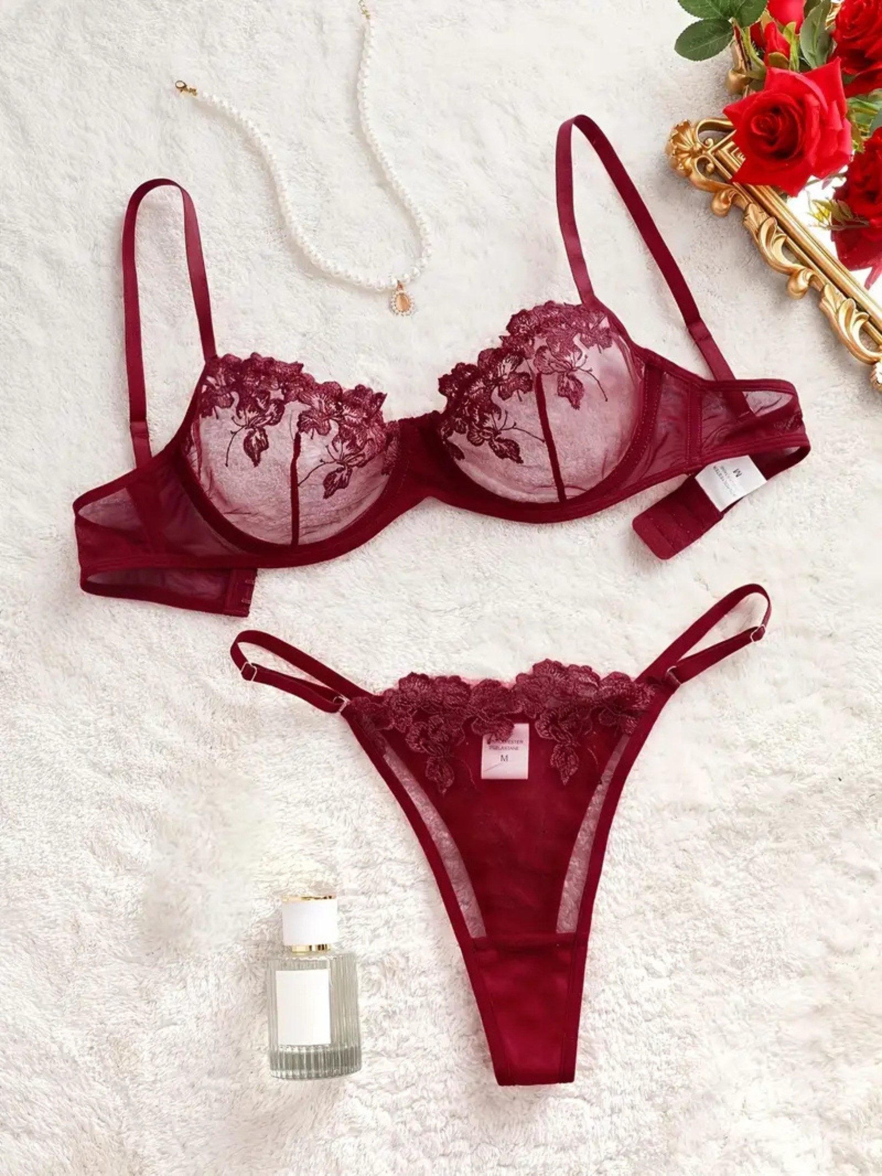 Set: Bügel-BH Spitzen-Dessous-Set für Damen – Sexy Unterwäsche mit Blumenstickerei