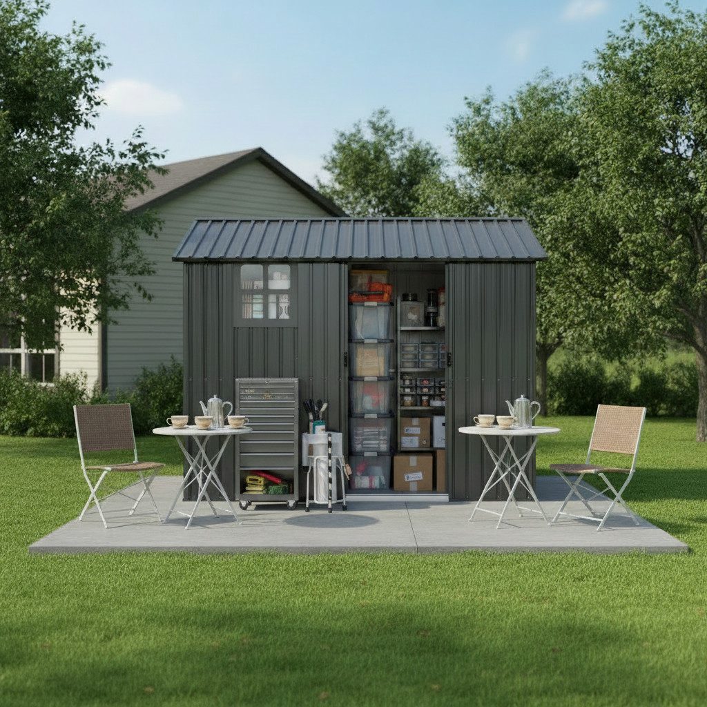 Rolipo Gerätehaus Metall Gartenhaus mit Fenster und Doppeltüren 254,8x183,5x193,3 cm, verzinkter Stahl, Spielzimmer für Eltern und Kinder/Haustiere