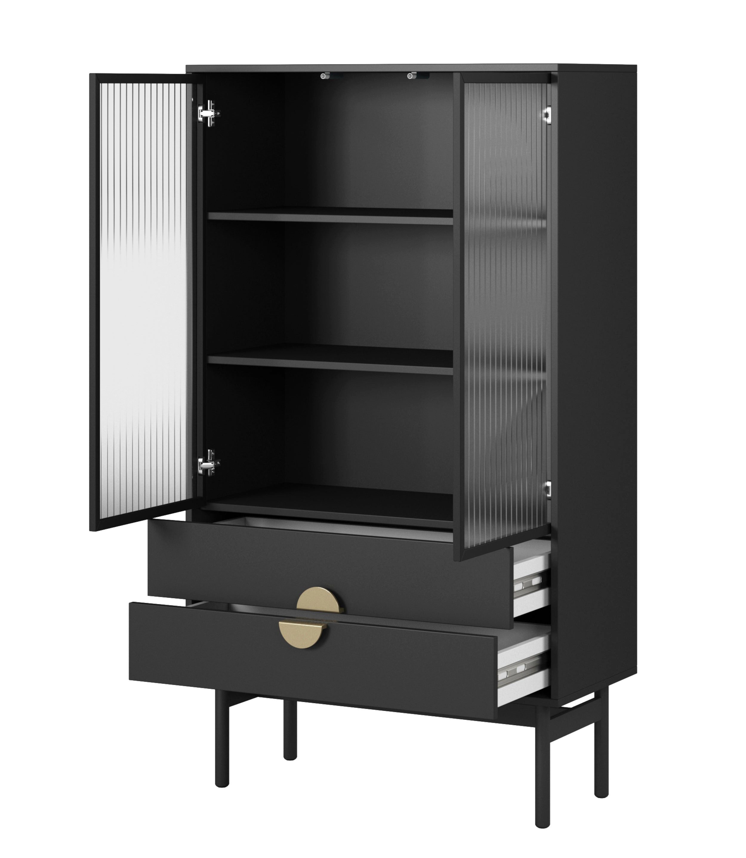 Selsey Standvitrine STOON II Elegante niedrige Vitrine in Schwarz: 3 Fächer, 2 Schubladen.