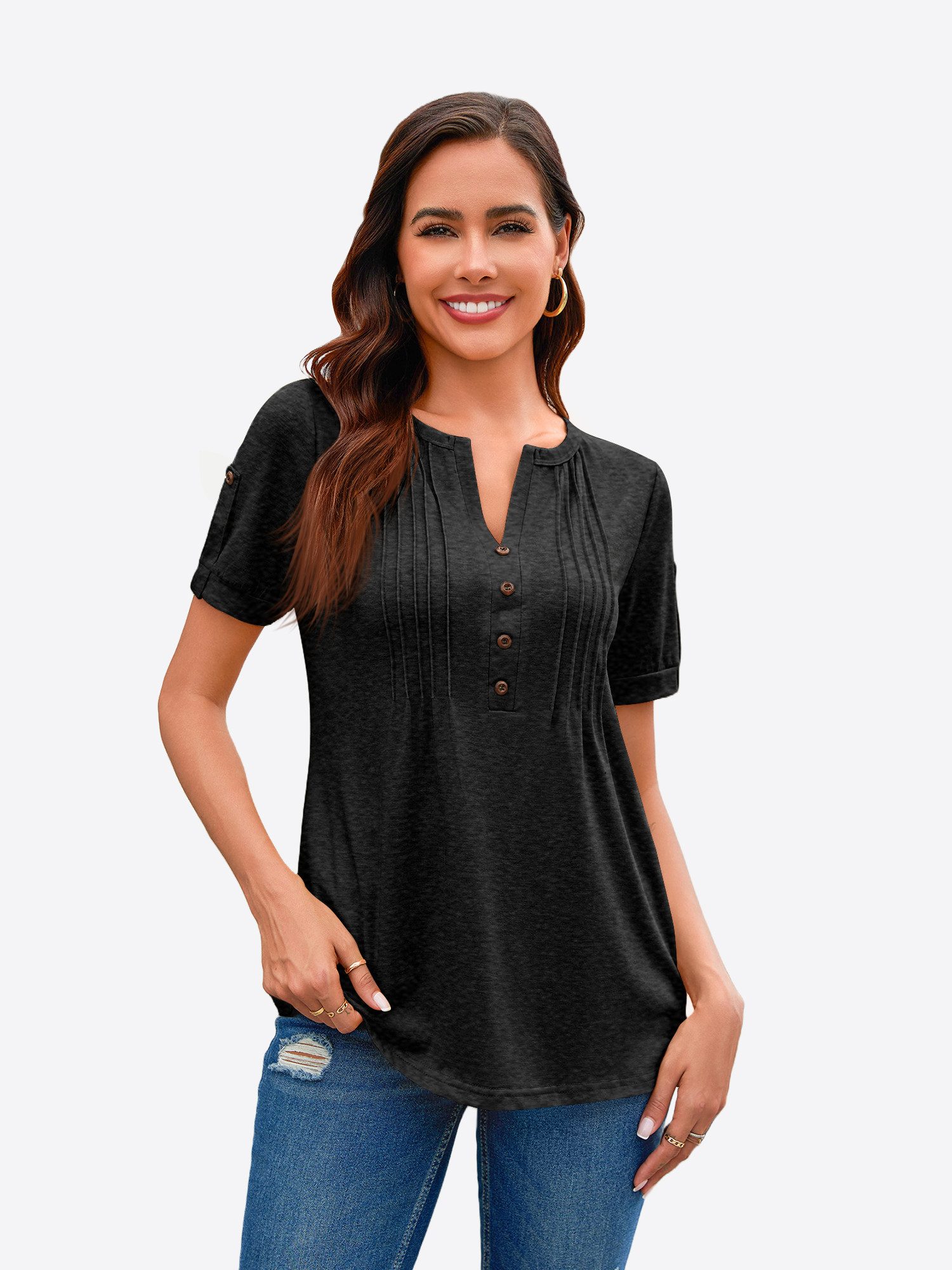 Imily Bela Tunika Damen mit V-Ausschnitt Knöpfen A-förmigem Saum (Packung, 1-tlg., 1per-Pack) einfarbig mit Knopfleiste Falten