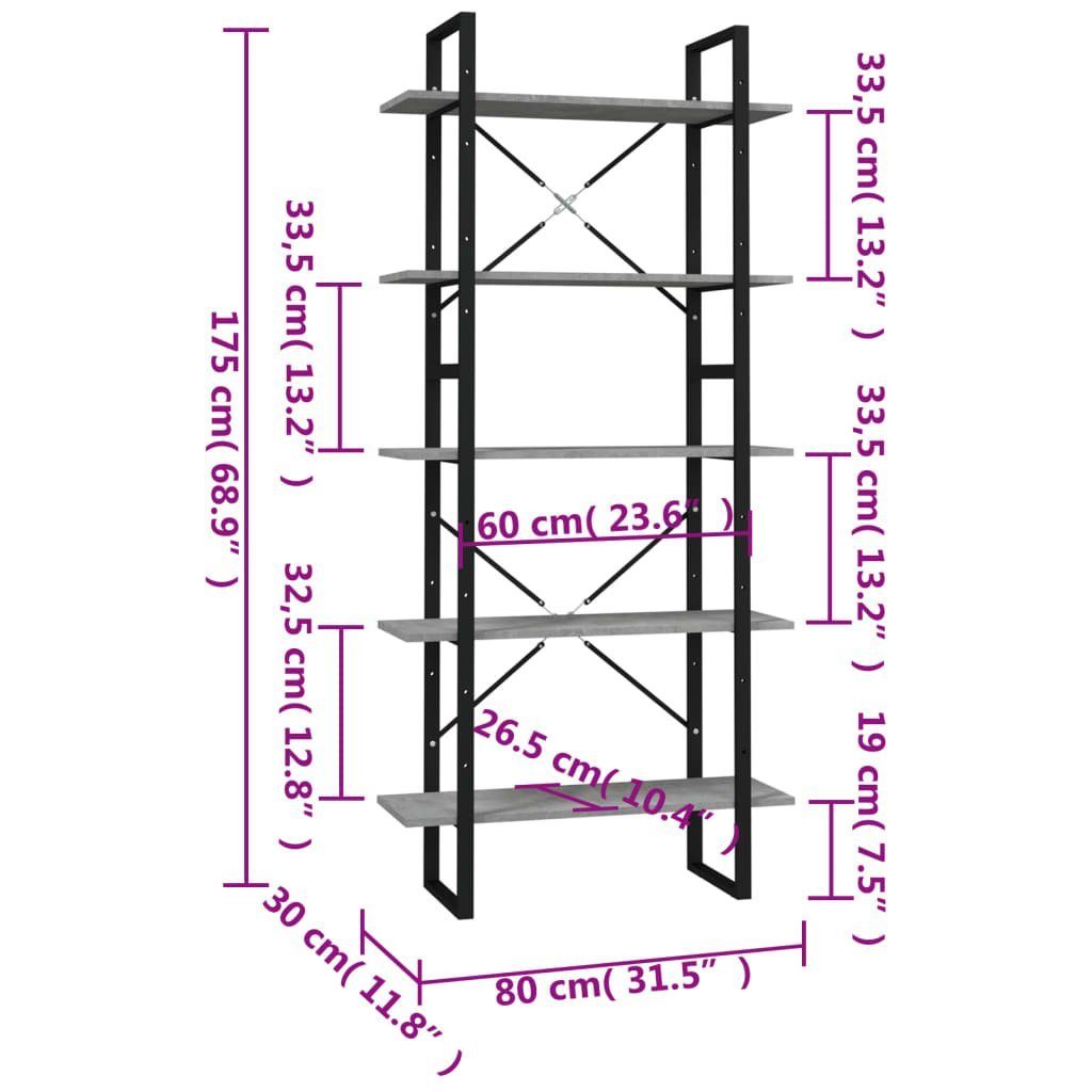 Holzwerkstoff, 80x30x175 cm Bücherregal 1-tlg. Bücherregal Fächer vidaXL Betongrau 5