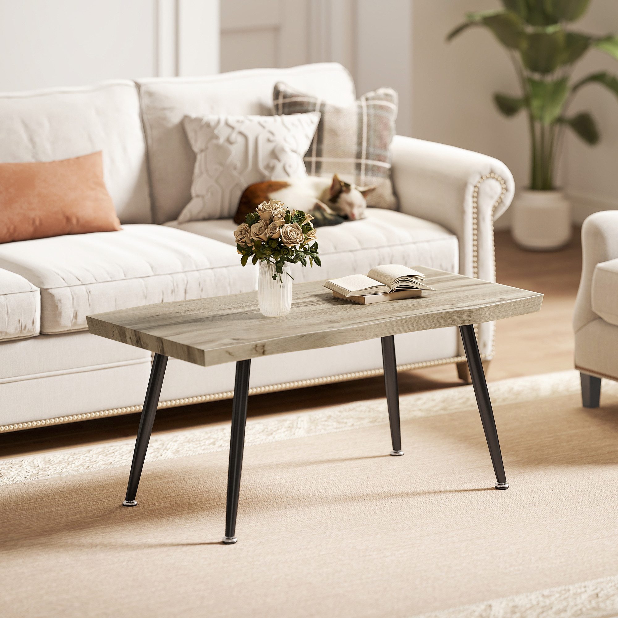 HOMCOM Couchtisch Wohnzimmertisch Sofatisch mit Stahlbeine, 4 cm dicker Tischplatte (Kaffeetisch, 1-St., Beistelltisch), für Wohnzimmer, Schlafzimmer, Eiche+Schwarz