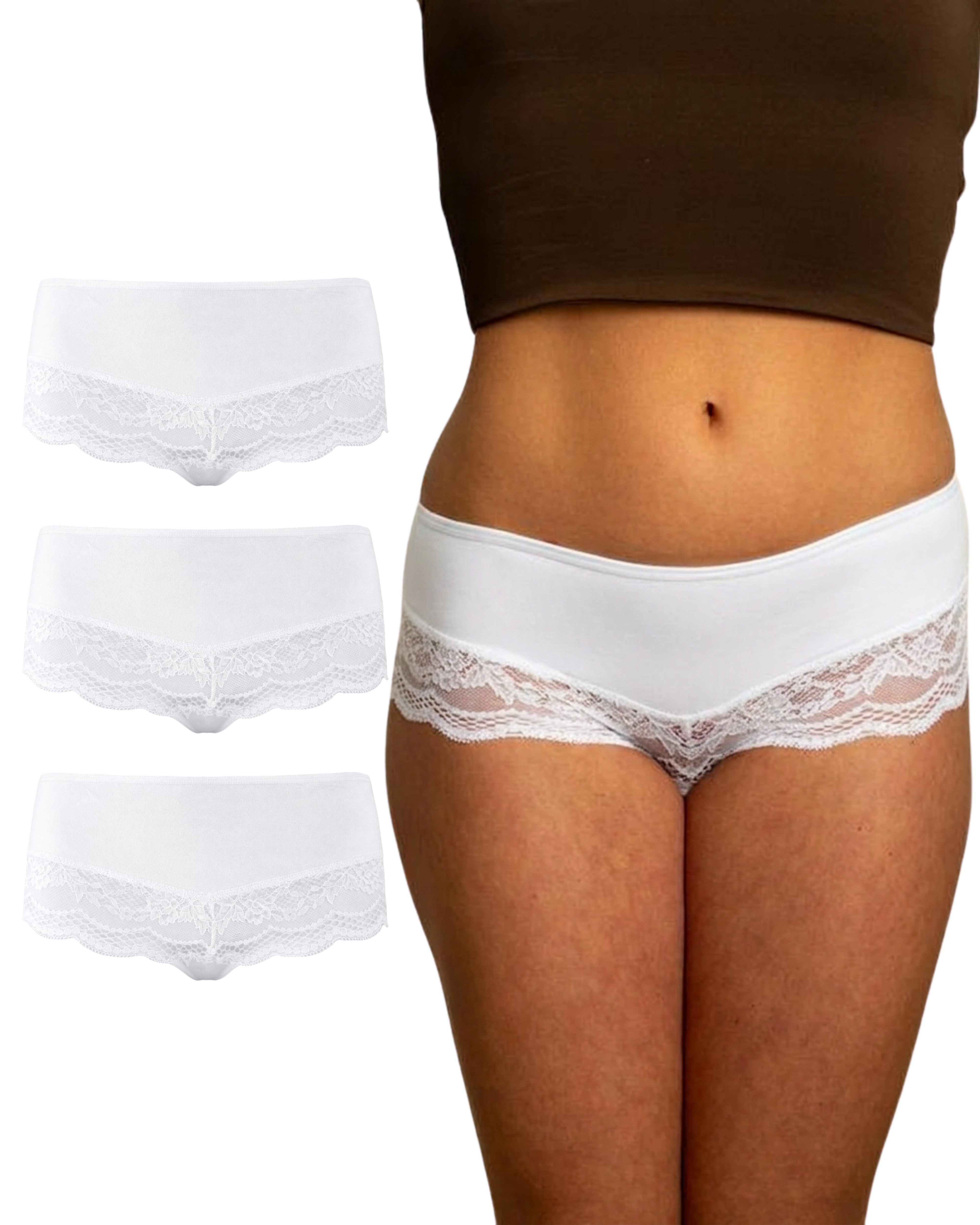 Benonetti Hipster Damen 3er Pack aus Baumwolle mit nahtloser Spitze (3er Set, 3er-Pack) Besondere Spitzen am Beinabschnitt