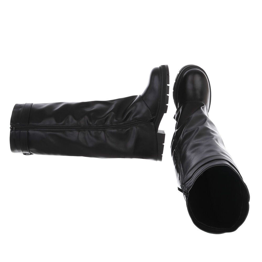 Ital-Design Damen Kniehoher Stiefel mit Profilsohle und Detail Plateaustiefel (91977450) Blockabsatz Stiefel in Schwarz