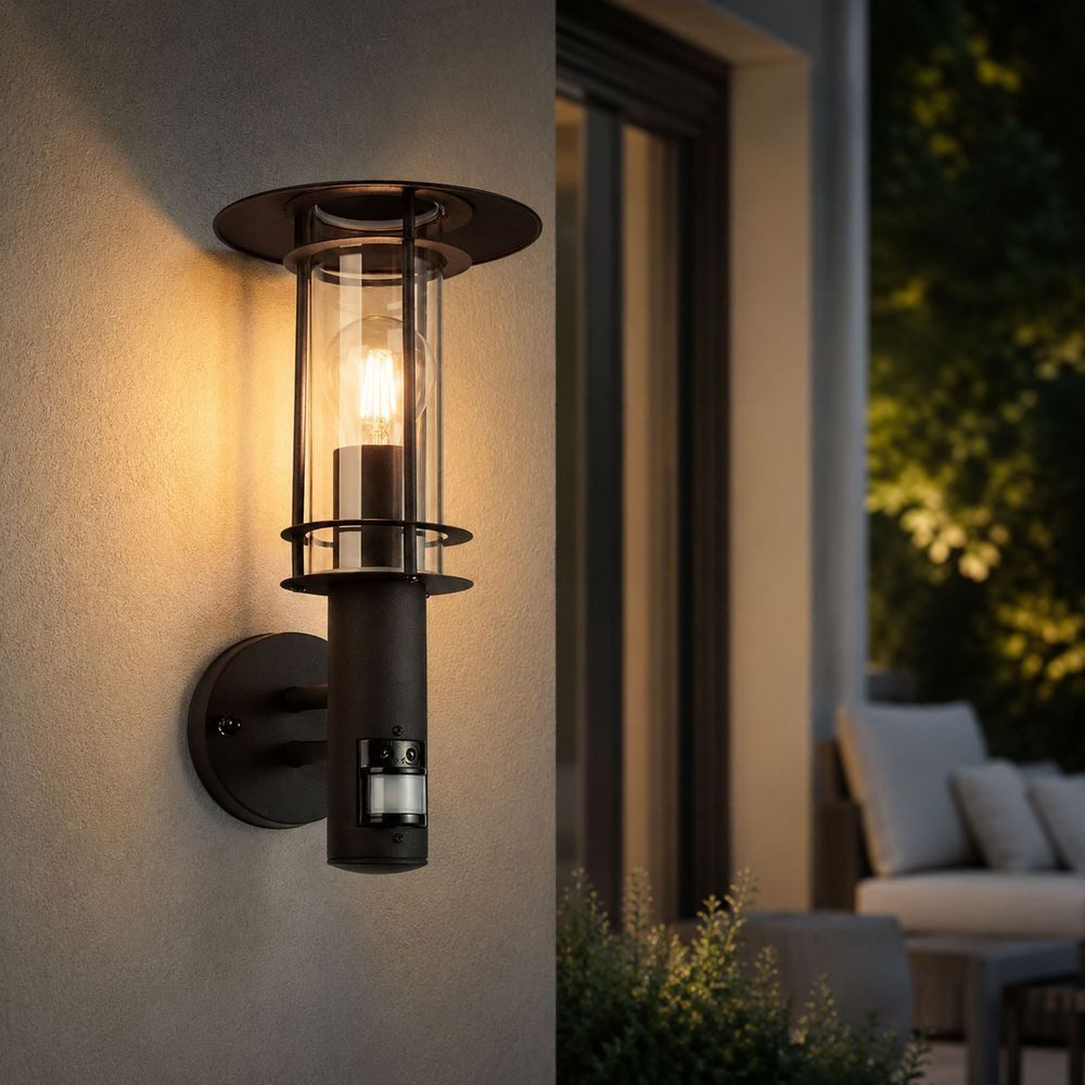 EGLO Außen-Wandleuchte, Leuchtmittel nicht inklusive, Wandleuchte Außenlampe Edelstahl Glas schwarz Bewegungsmelder IP44