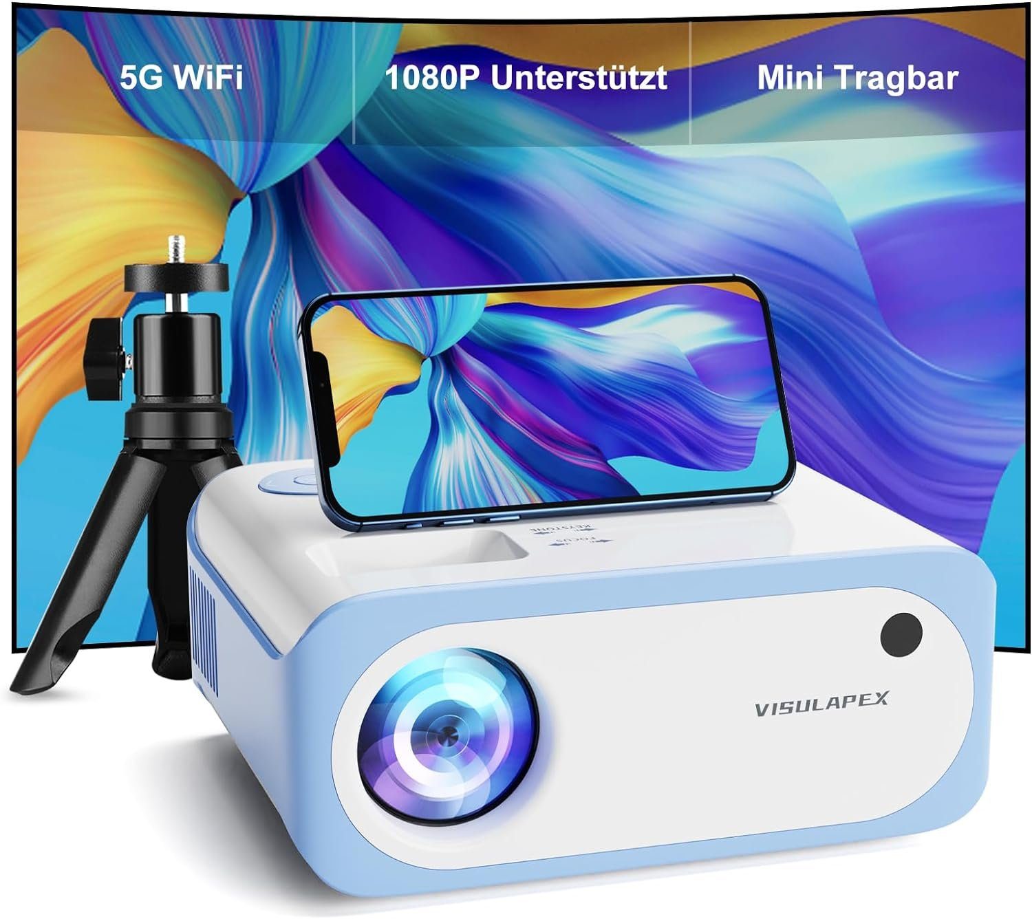 VISULAPEX Portabler Projektor (9000 lm, 8000:1, 1920 x 1080 px, Beamer Tragbarer Full HD 1080P Unterstützt, VISULAPEX V3 5G WiFi)