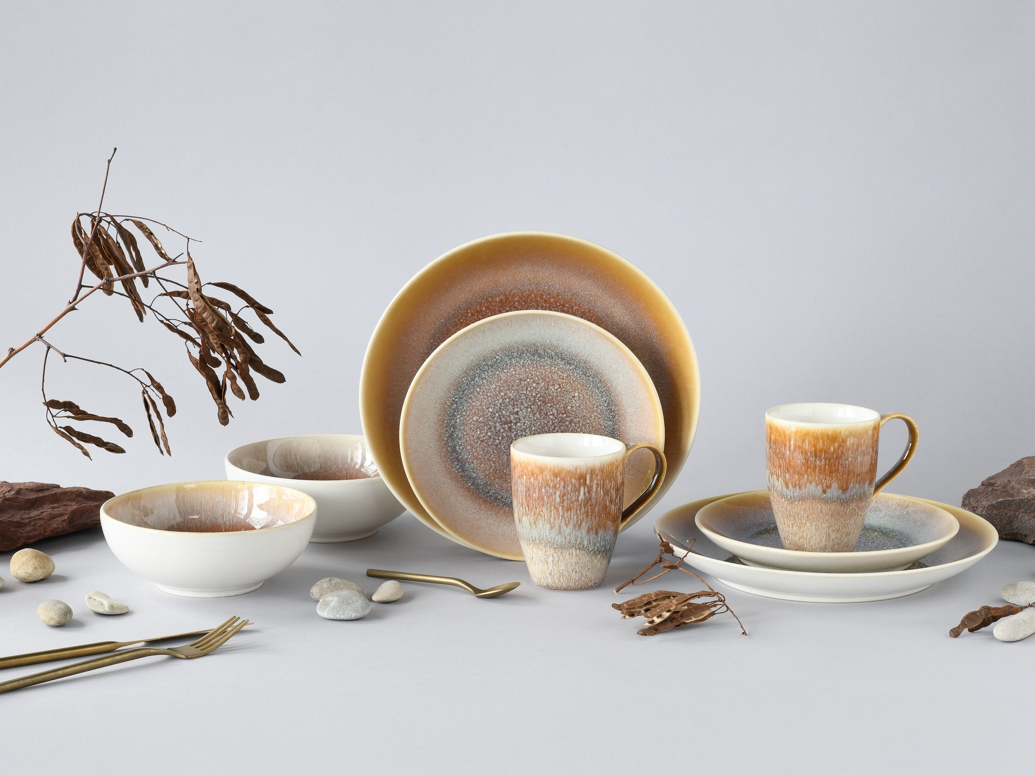 CreaTable Kombiservice Caldera (8-tlg), 2 Personen, Steinzeug, irisierende Glasur