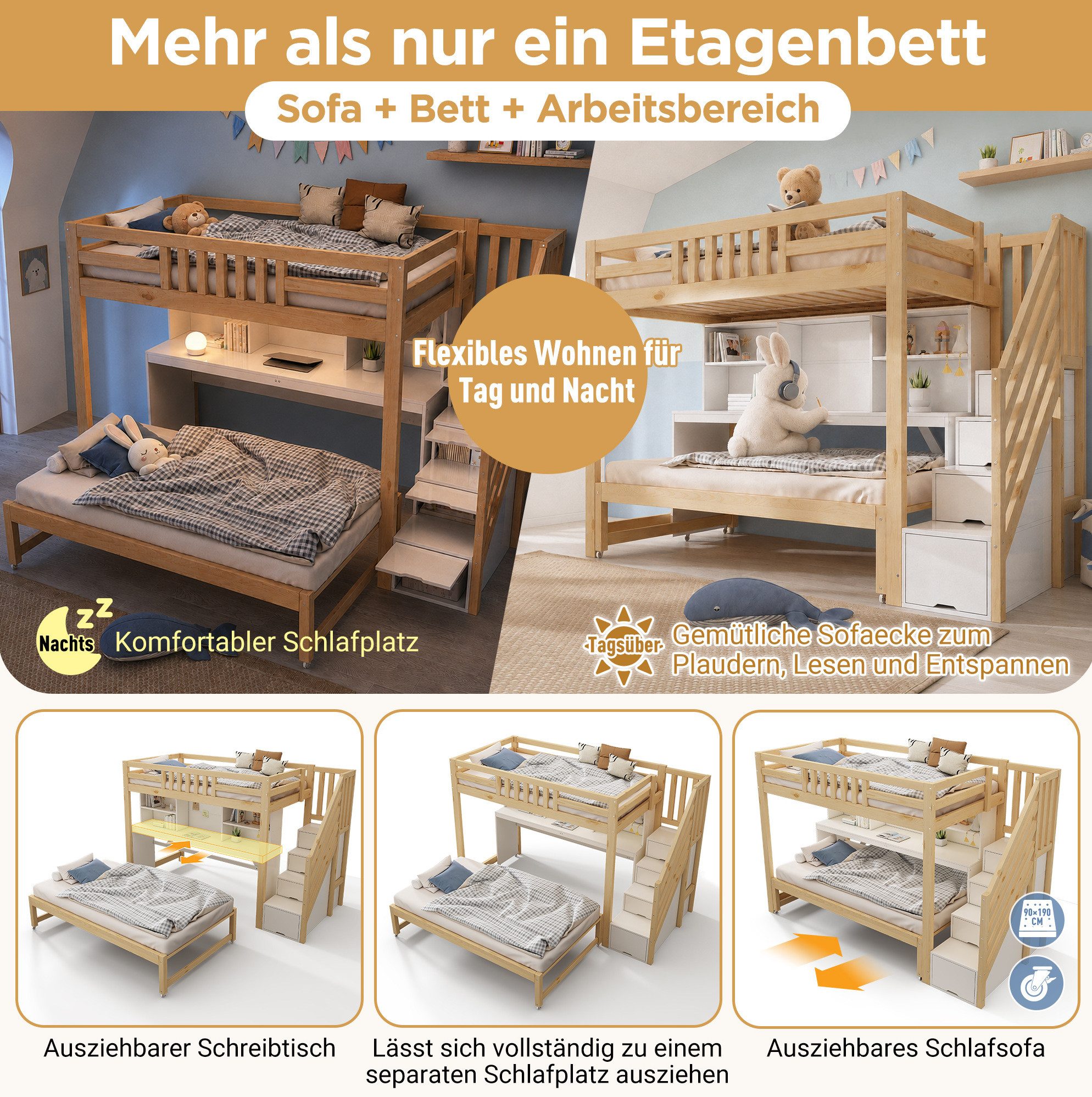 MODFU Etagenbett Kompaktes Kinder-Hochbett mit Stauraum & Schreibtisch (Packung, 90×200 + 90×190 cm, ohne Matratze, für Kinder- & Jugendzimmer), ausziehbares Bett, Treppe, Rollen, Weiß+Eiche