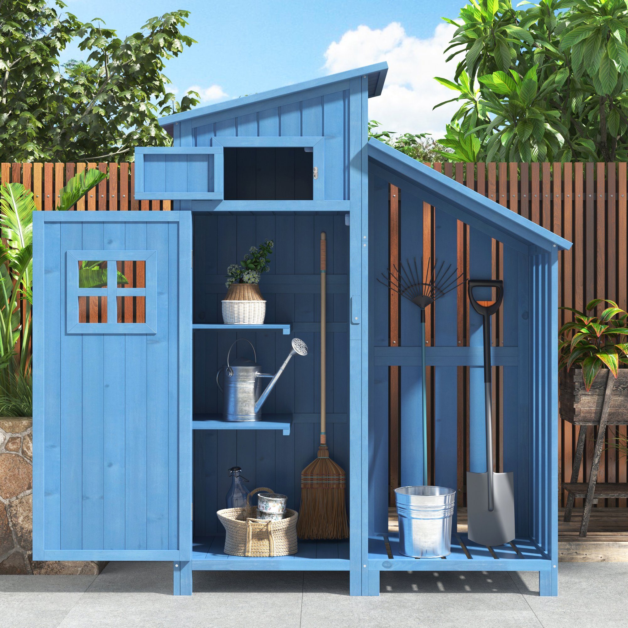WISHDOR Geräteschrank Geräteschuppen Werkzeugschrank Outdoor-Schrank (Geräteschuppen (124*53*174cm blau) mit 2 Ablagen) Gartenbox mit pvc dach, Stable Holzkonseruktion