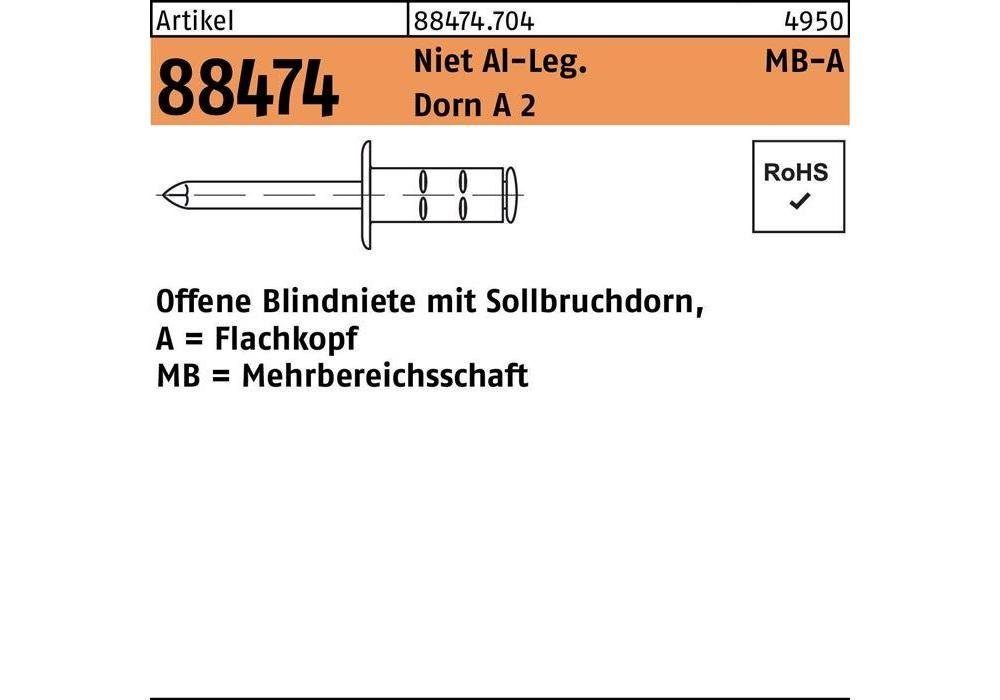 GESIPA Blindniete Blindniete R 88474 Flachkopf 3,2 x 9,5 Niet Aluminium/Dorn A 2