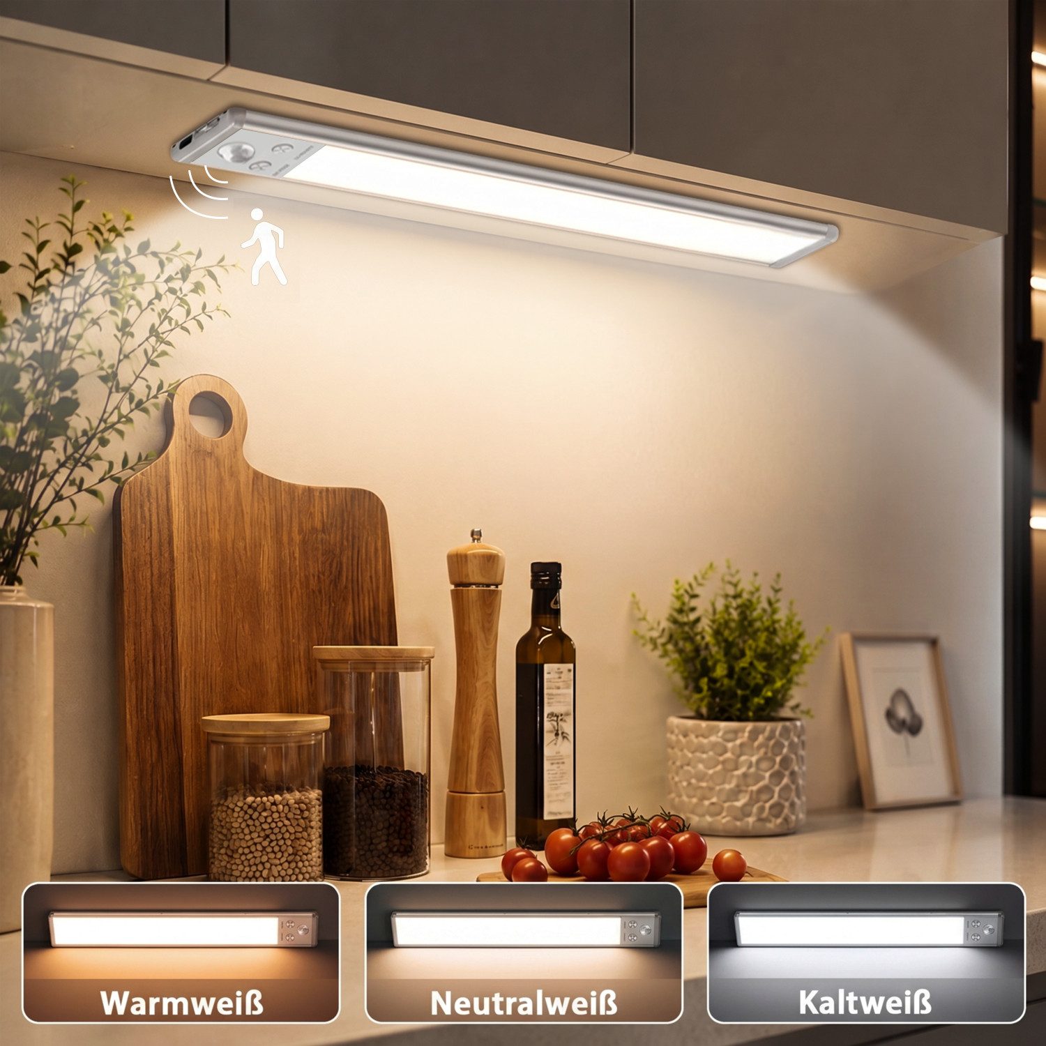 FOSMET LED Unterbauleuchte LED Unterbauleuchte mit Bewegungsmelder-88 LEDs/2200 mAh/24cm&30cm, USB-C wiederaufladbar,Einfach Montage Stark,schrankbeleuchtung, Warmweiß (3000 K), Neutralweiß (4500 K), Kaltweiß (6500 K), Ideal für Küche, Kleiderschrank, Sch