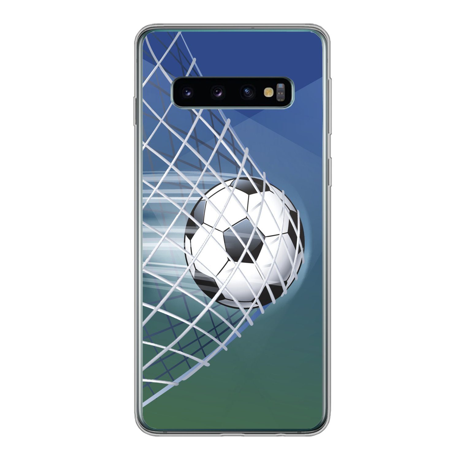 MuchoWow Handyhülle für Samsung Galaxy S10 Eine Illustration eines Fußballs im Netz - Jung, Phone Case, Silikon, Schutzhülle Dünn